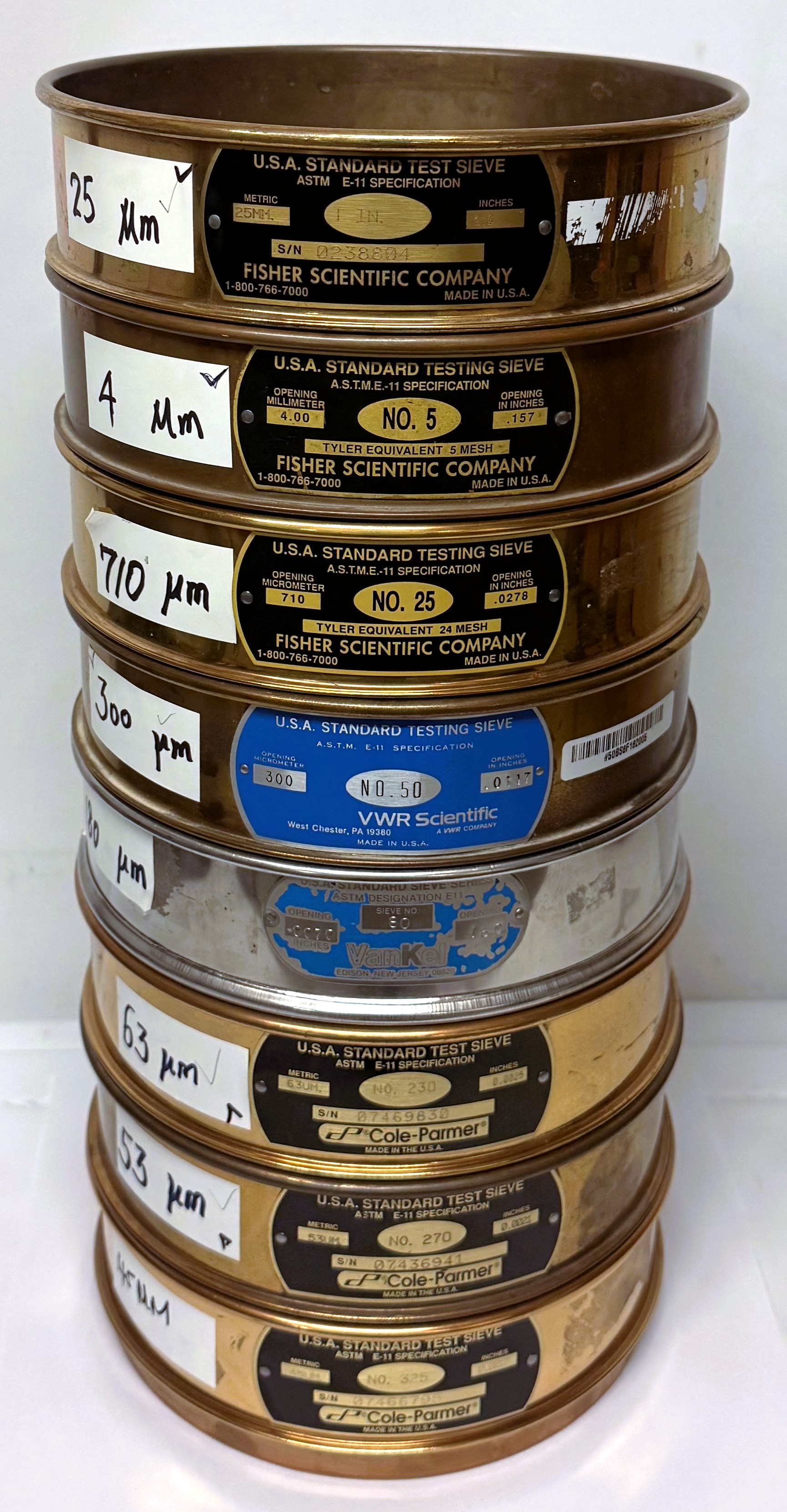 Used USA Standard Brass-Stainless Steel Sieve Kit - 8" Diam (Set of 9)
