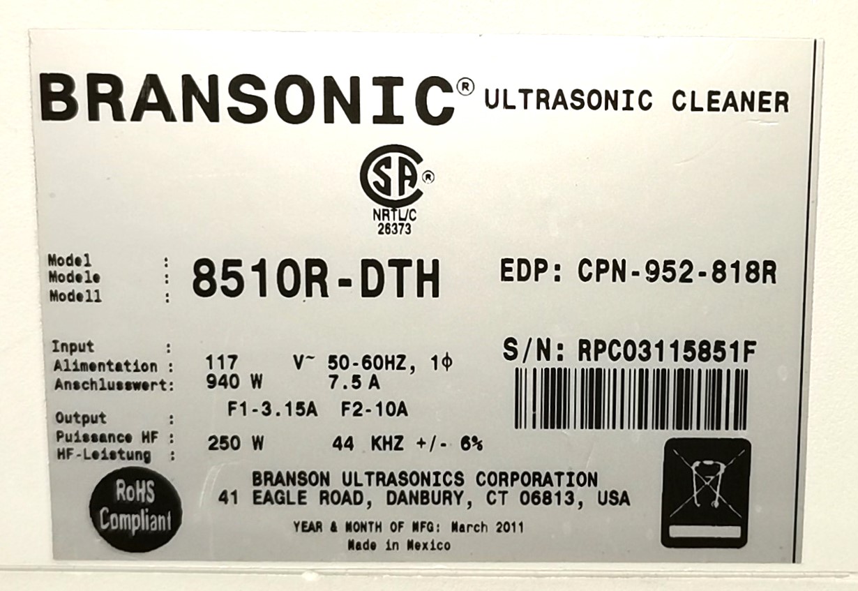 Used Branson 8510R-DTH Heated Ultrasonic Cleaner (20.8L)