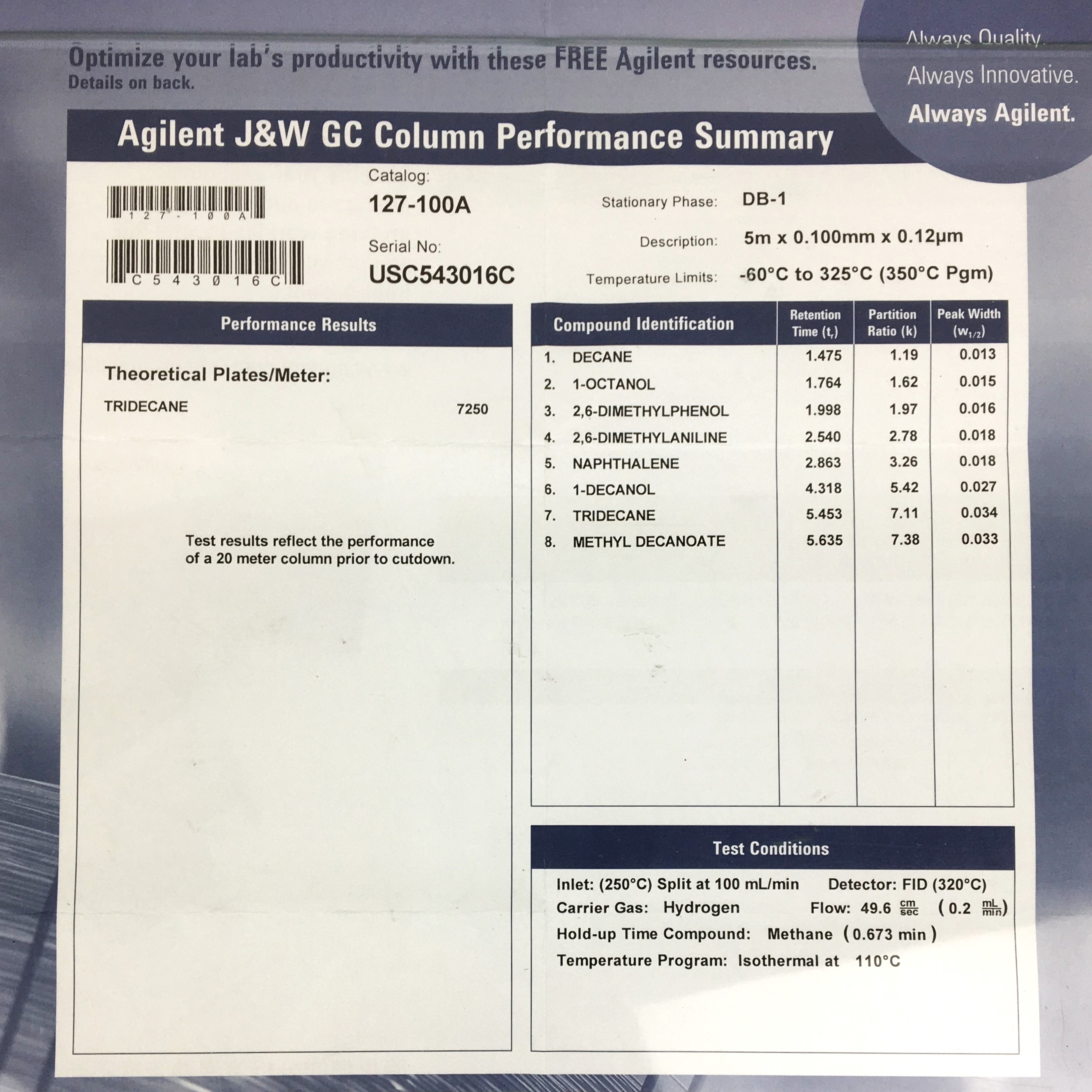 Used Agilent DB-1 (127-100A) Capillary Column (5M × 0.10mm x 0.12µm)