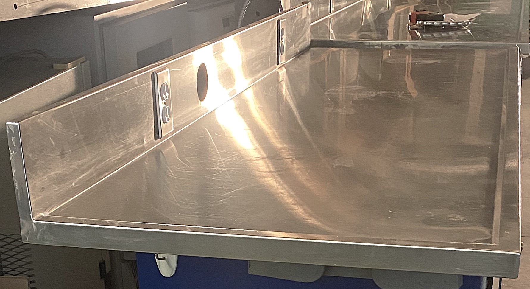 Used Stainless Steel Dished Worksurface with Electrical Outlets and Backsplash (6-ft)
