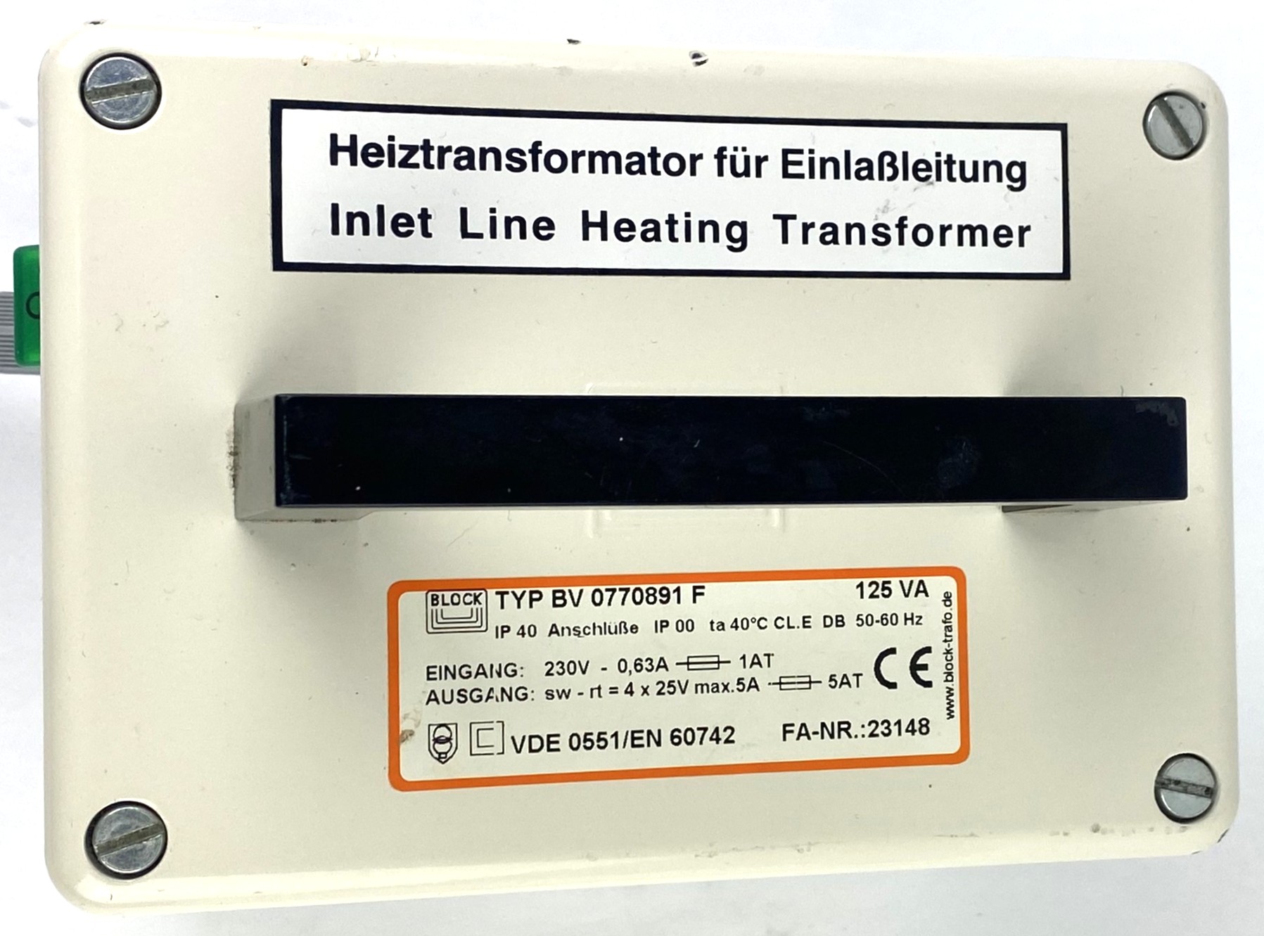 Used BLOCK BV 0770891F Inlet Line Heating Transformer