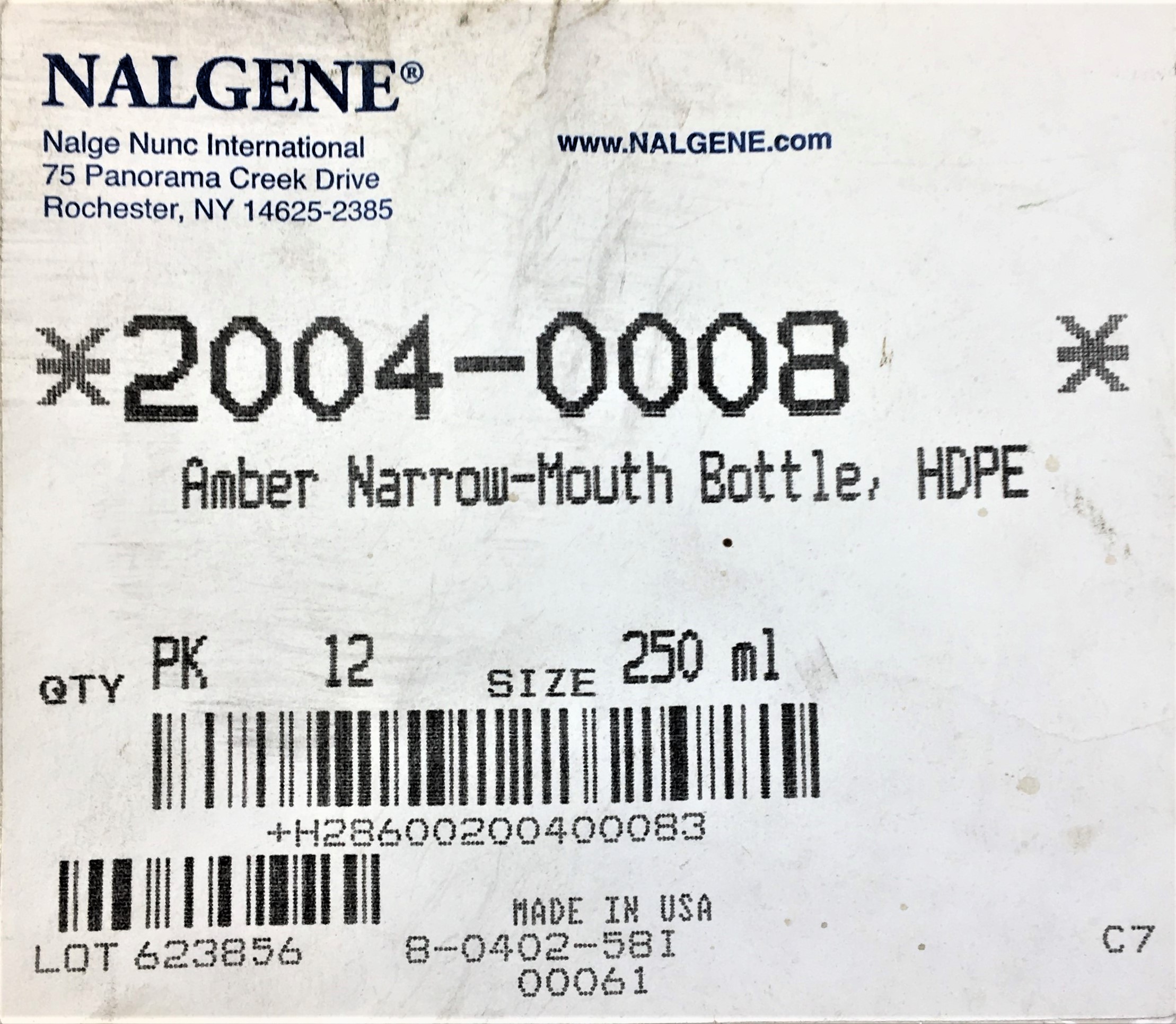 New Open Box Nalgene 2004-0008 Round Amber Narrow-Mouth Sample Bottle with Cap - 250mL (Pack of 25)