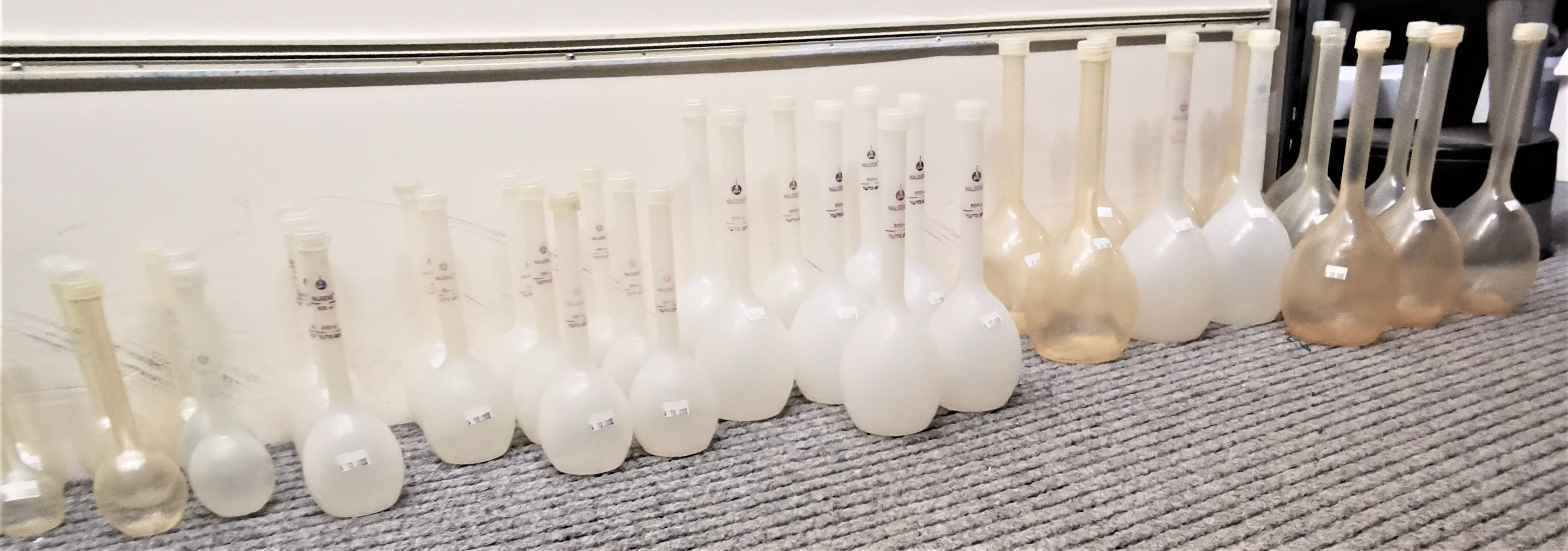 Used Lot of 40 Nalgene Polypropylene Volumetric Flasks Various