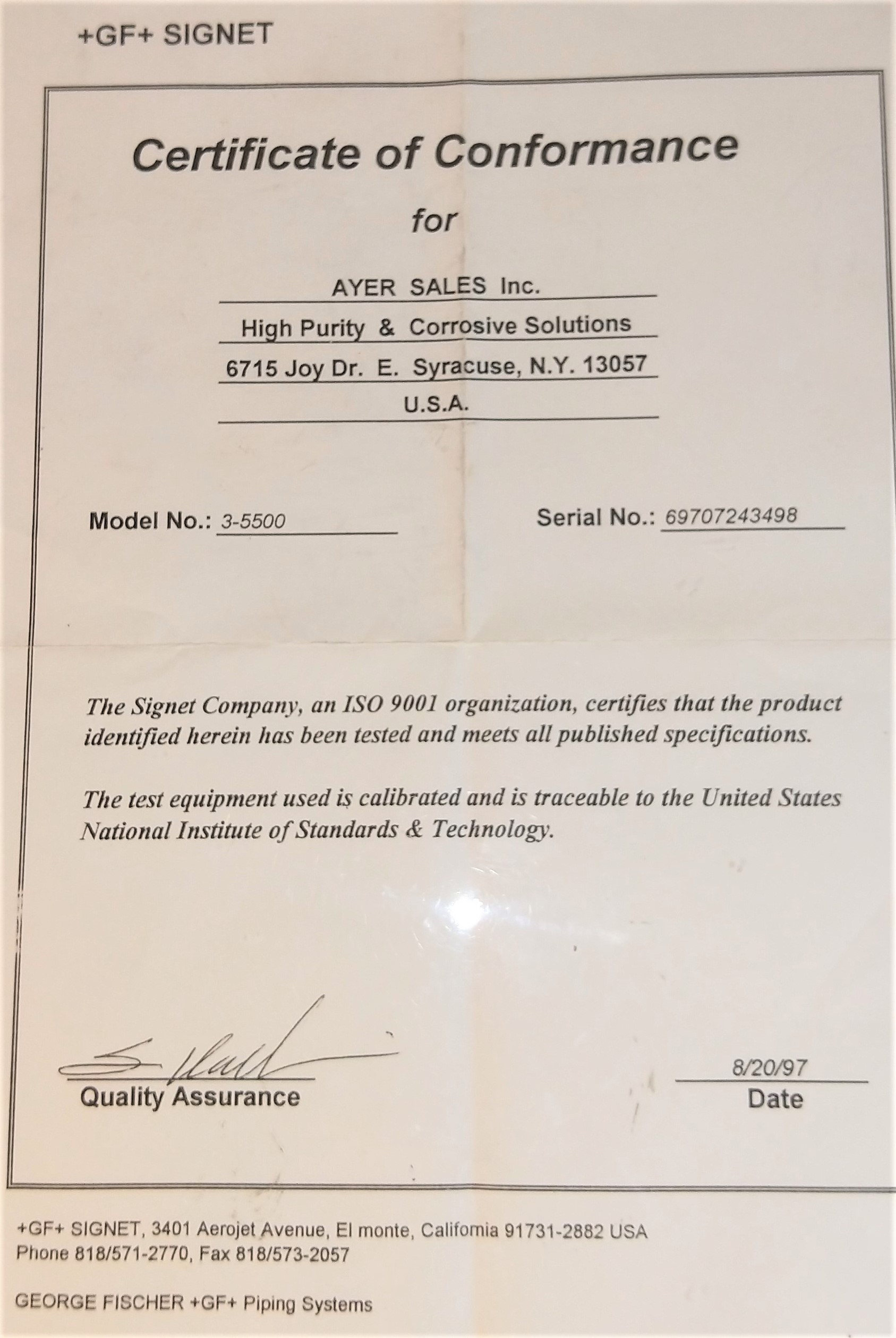 New Open Box GF Signet 3-5500 Flow Monitor with Certificate