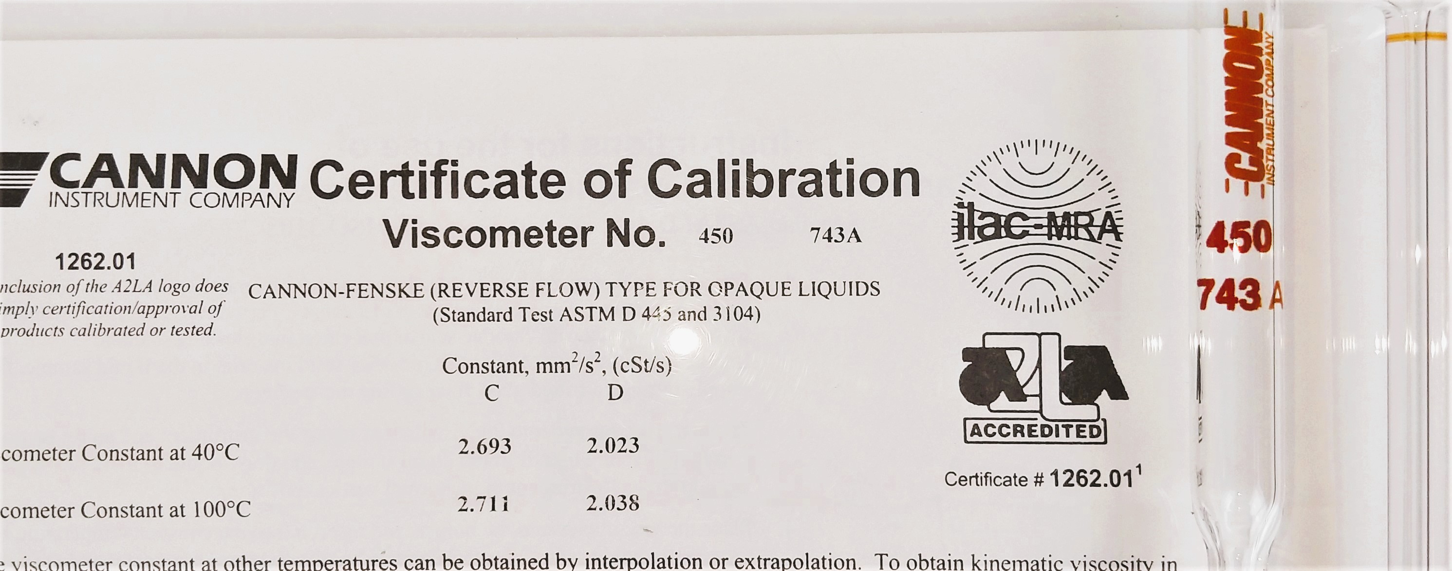 New Open Box Cannon-Fenske CFOC-450 (9721-F77) Certified Opaque Viscometer Tube (Size 450)