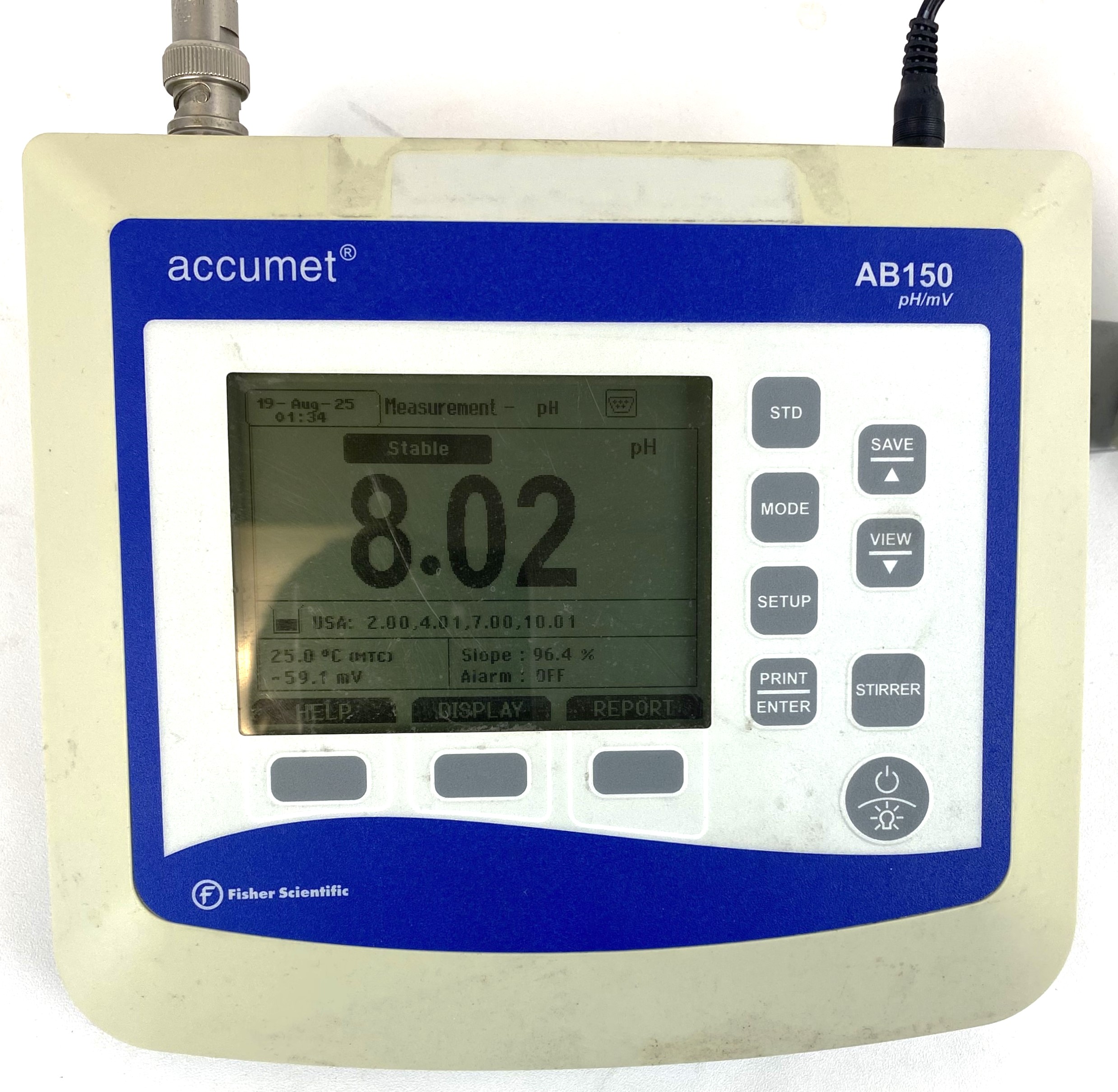 Used Fisher Accumet AB150 pH-mV Meter with Electrode and Support Arm