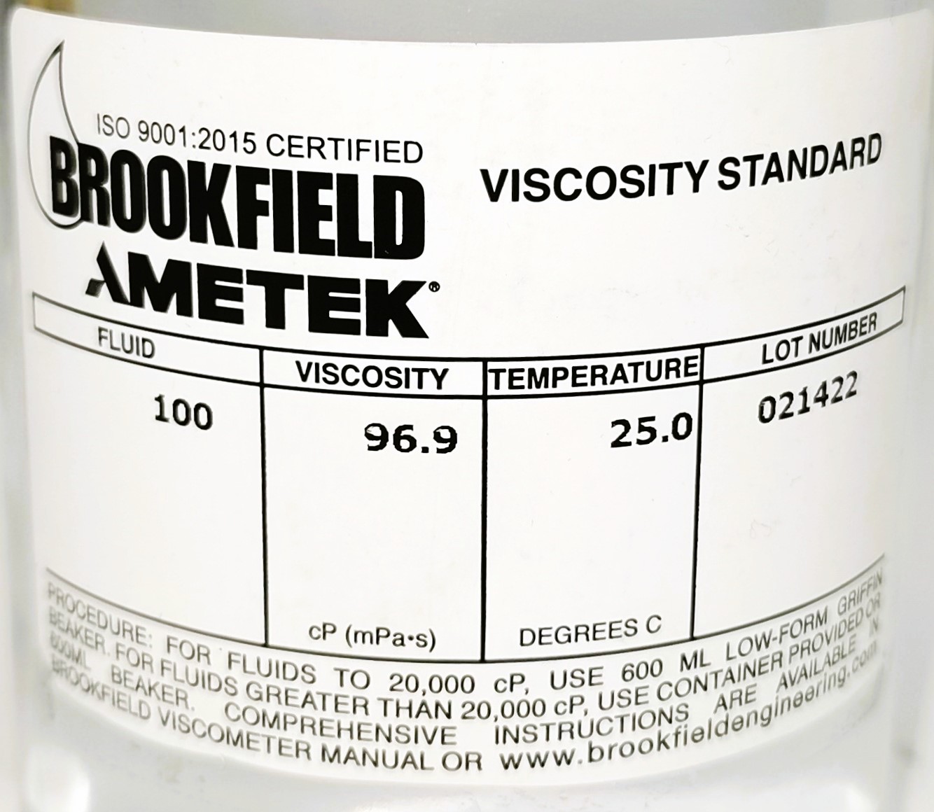 New Brookfield #100 Viscosity Standard (100cp)