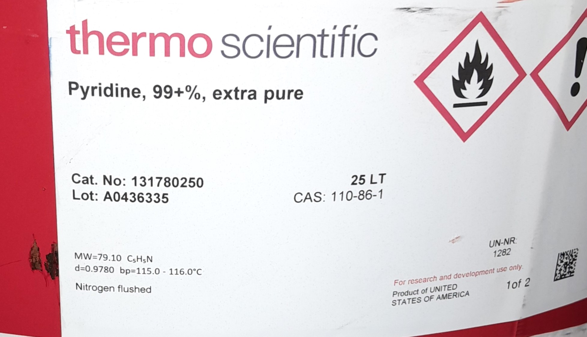 New Thermo Scientific 131780250 Pyridine - 99+% (25L)