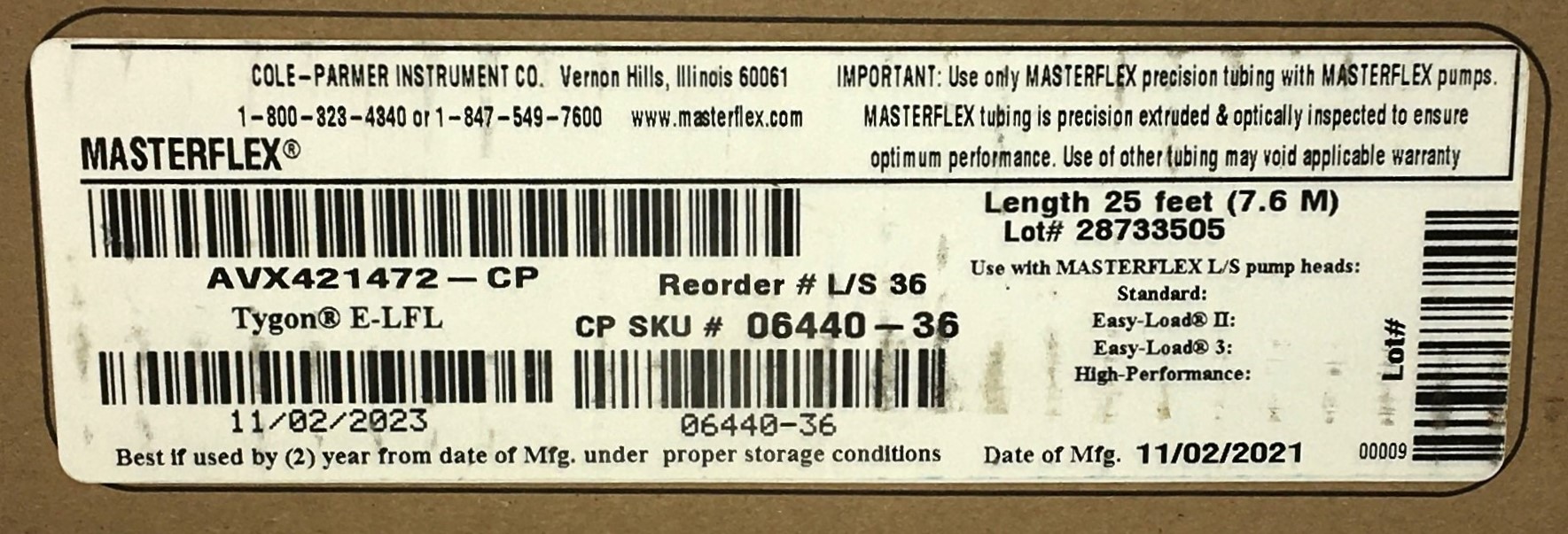 New Open Box Cole-Parmer Masterflex LS-36 Tygon E-LFL Pump Tubing (25ft)