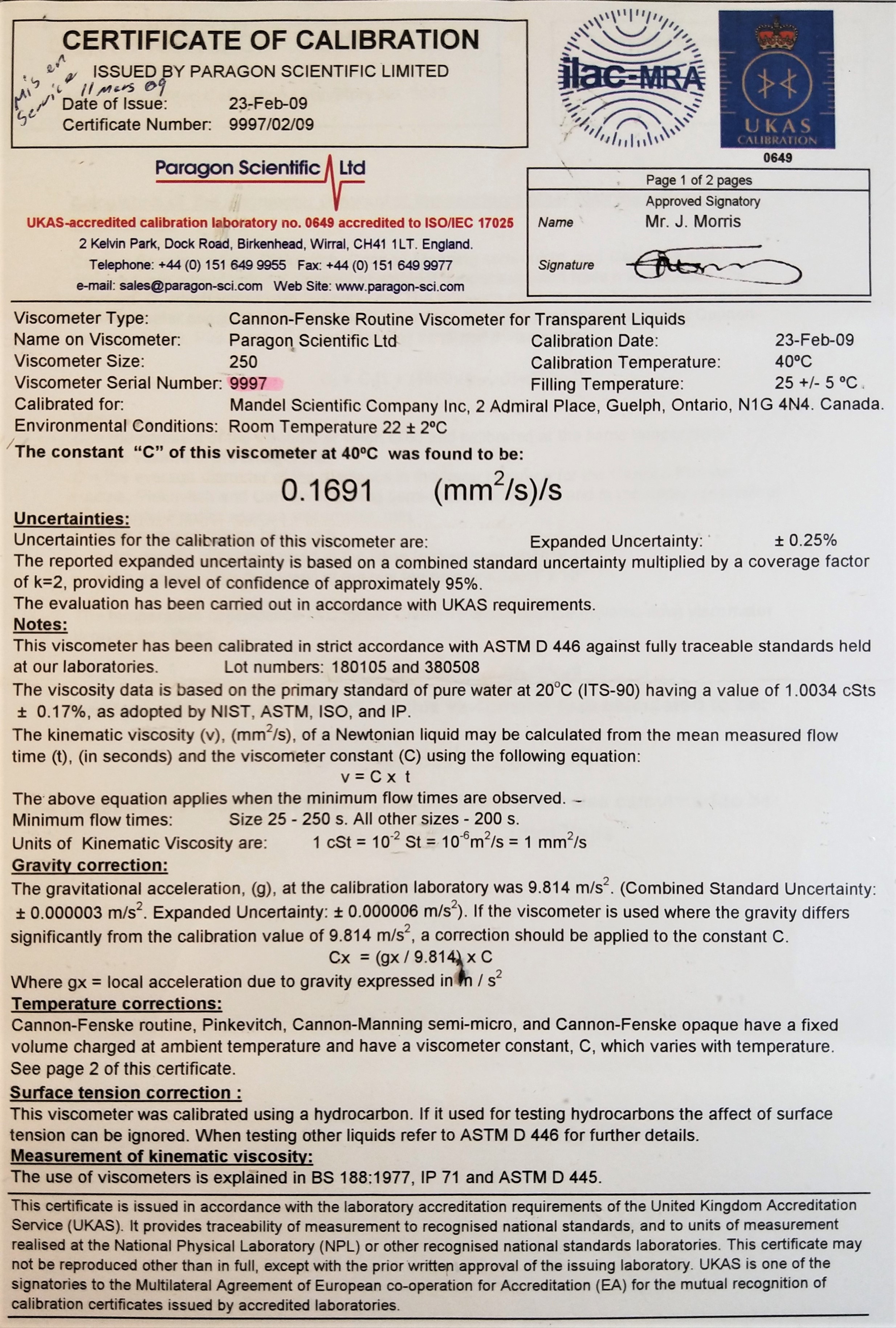 New Open Box Cannon-Fenske CFRC-250 Certified Routine Viscometer Tube (Size 250)