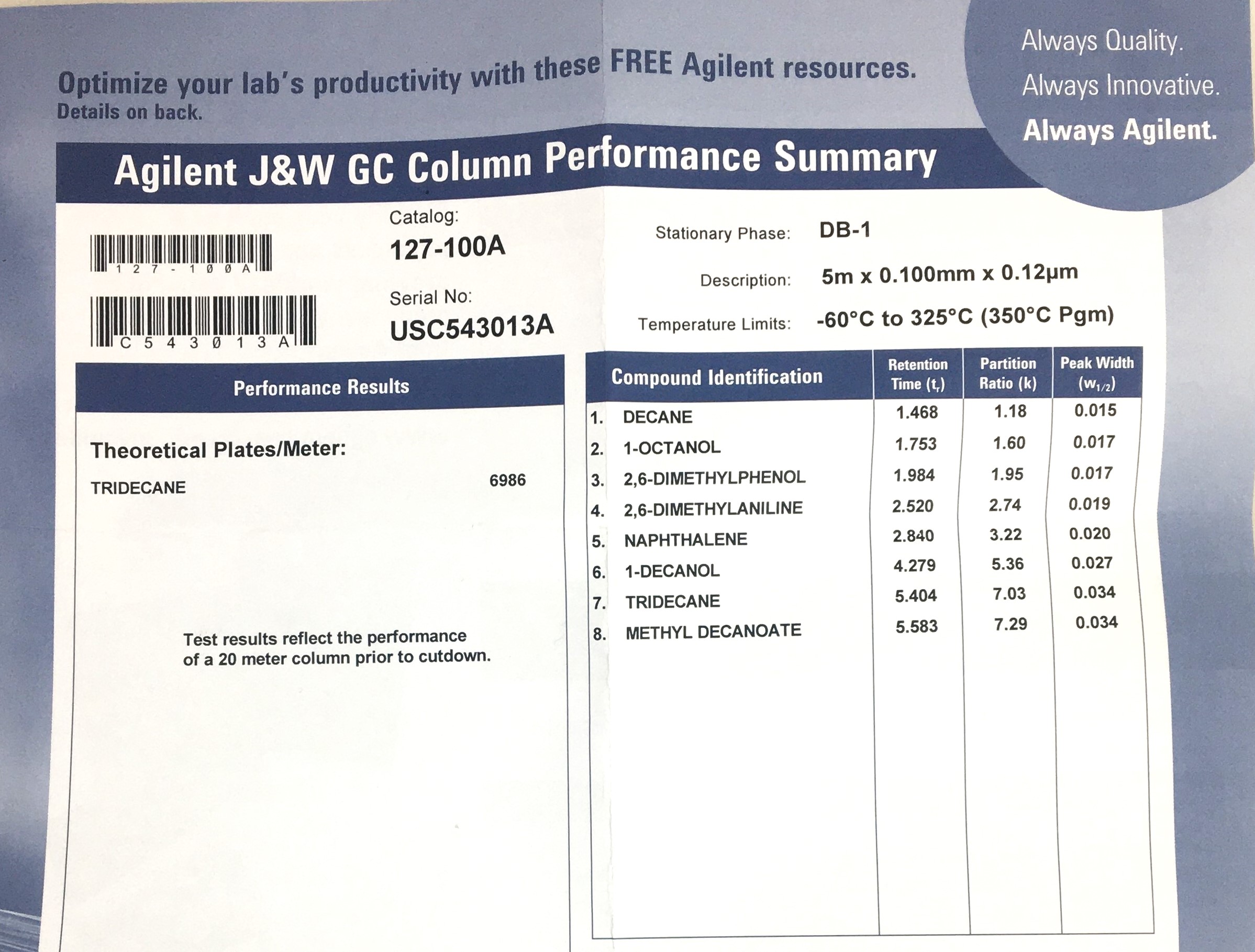 Used Agilent DB-1 (127-100A) Capillary Column (5M × 0.10mm x 0.12µm)