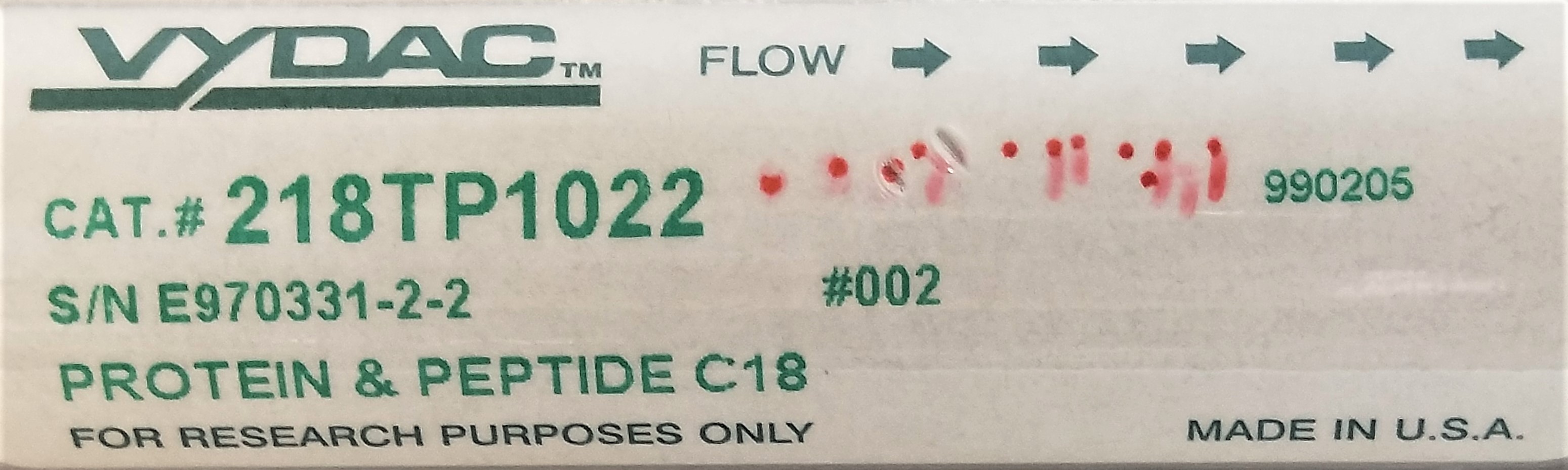 Used Vydac 218TP1022 C18 Preparative HPLC Column (25 cm × 22 mm x 10µm)