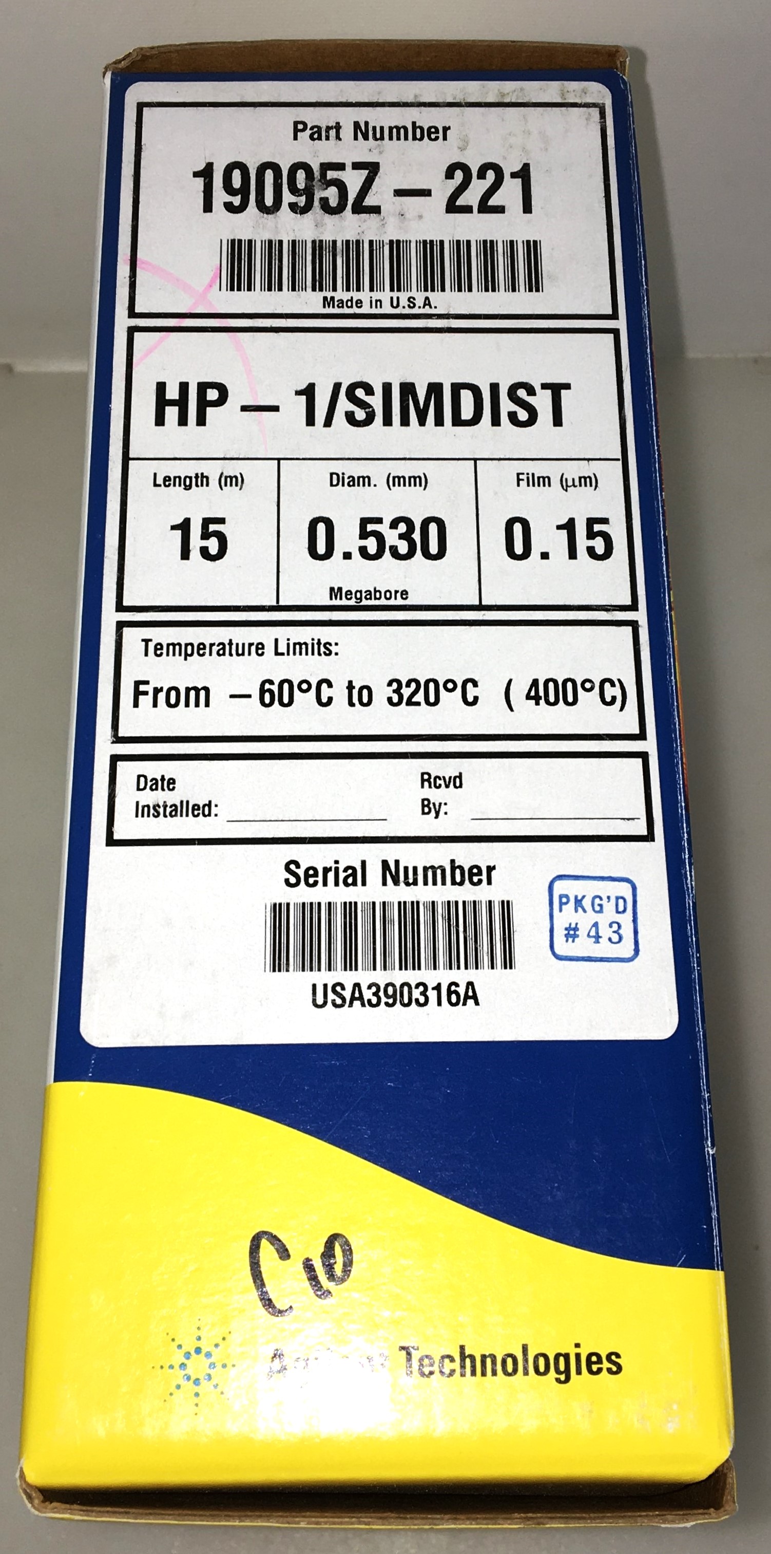 New Open Box Agilent HP-1/SIMDIST (19015Z-221) Capillary Column (15M x 0.53mm x 0.15µm)