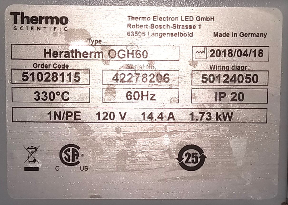 Used Thermo HeraTherm OGH60 Gravity-Convection Oven (2.15 Cu-Ft)