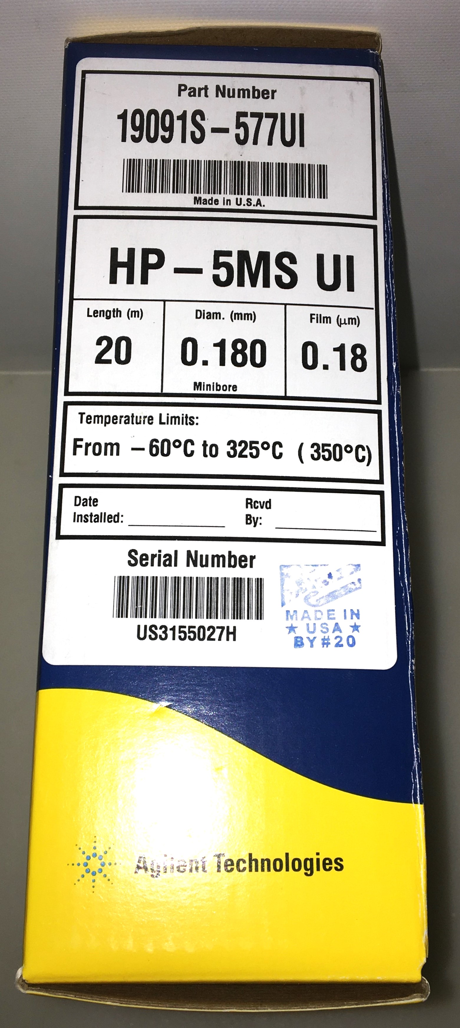 Used Agilent HP-5MS UI (19091S-577UI) Capillary Column (20M x 0.18mm x 0.18µm)