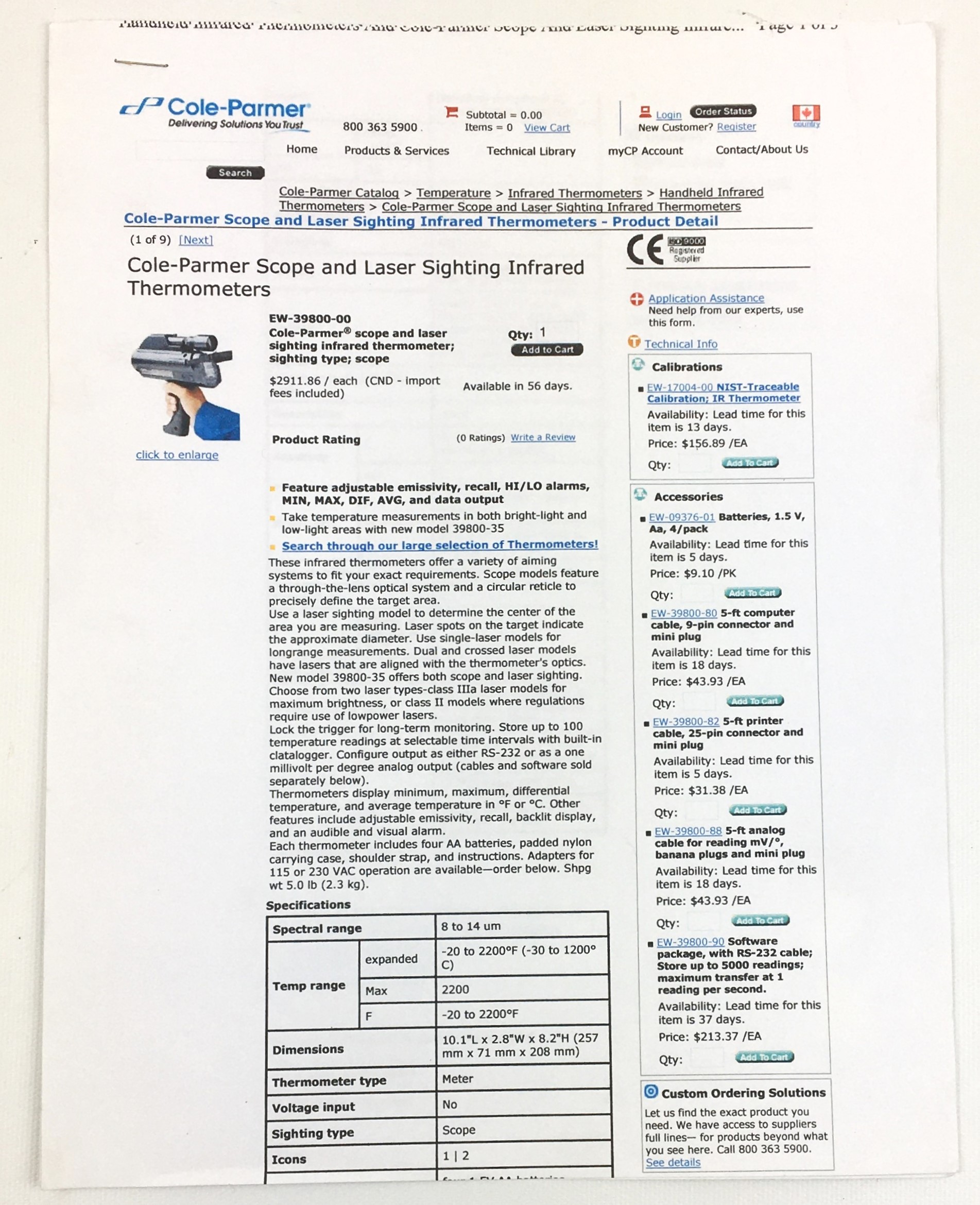 Used Cole-Parmer 39800 Digital Infrared Thermometer