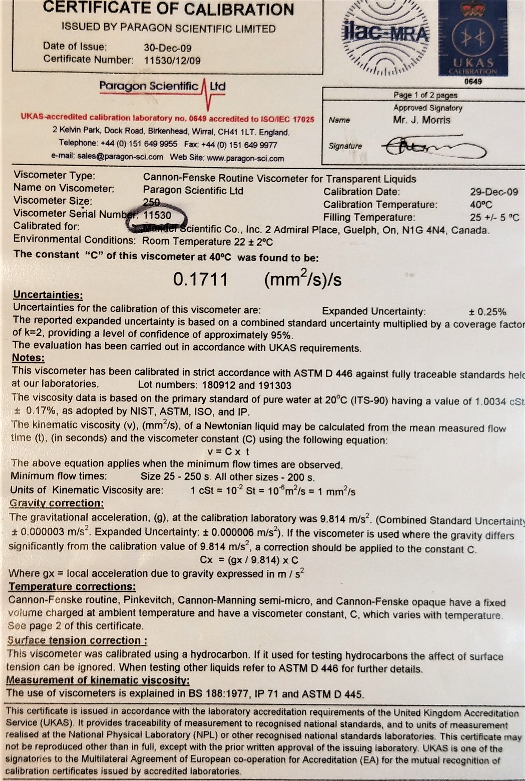 New Open Box Cannon-Fenske CFRC-250 Certified Routine Viscometer Tube (Size 250)