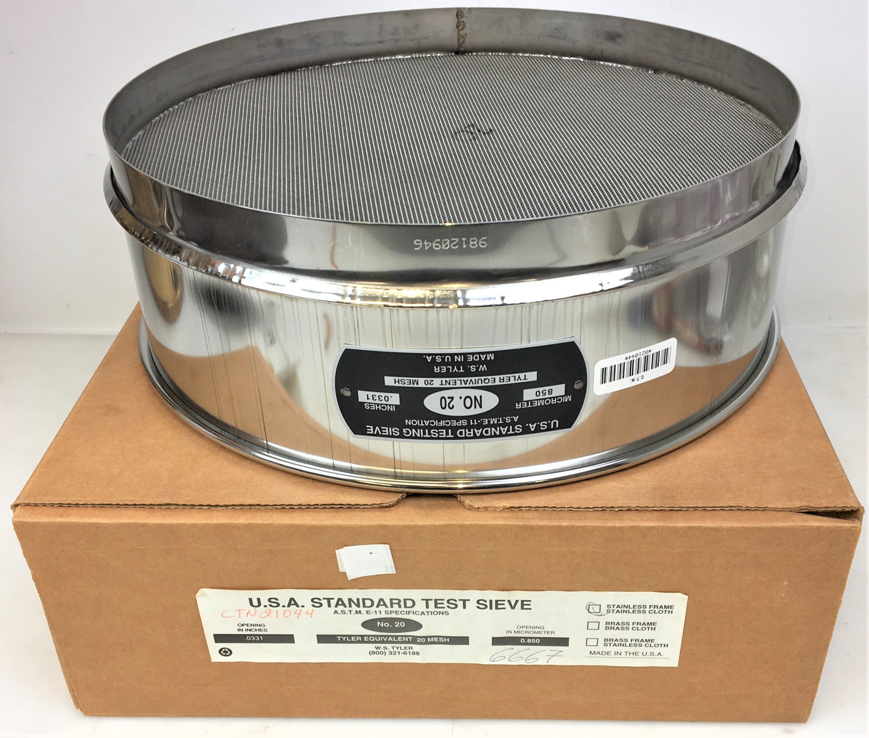 New Open Box Tyler #20 Stainless Steel 12" Sieve (850μm)