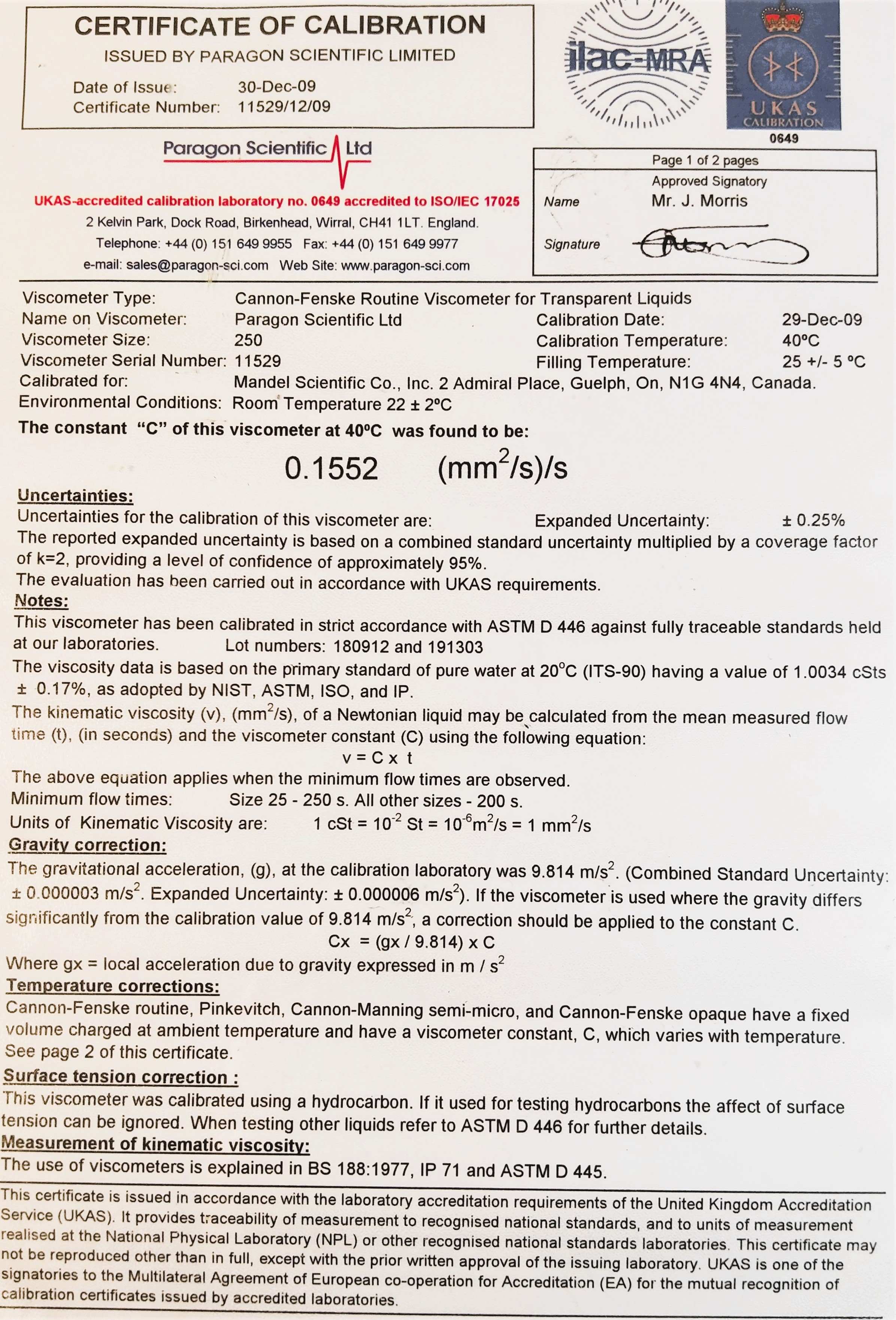 New Open Box Cannon-Fenske CFRC-250 Certified Routine Viscometer Tube (Size 250)