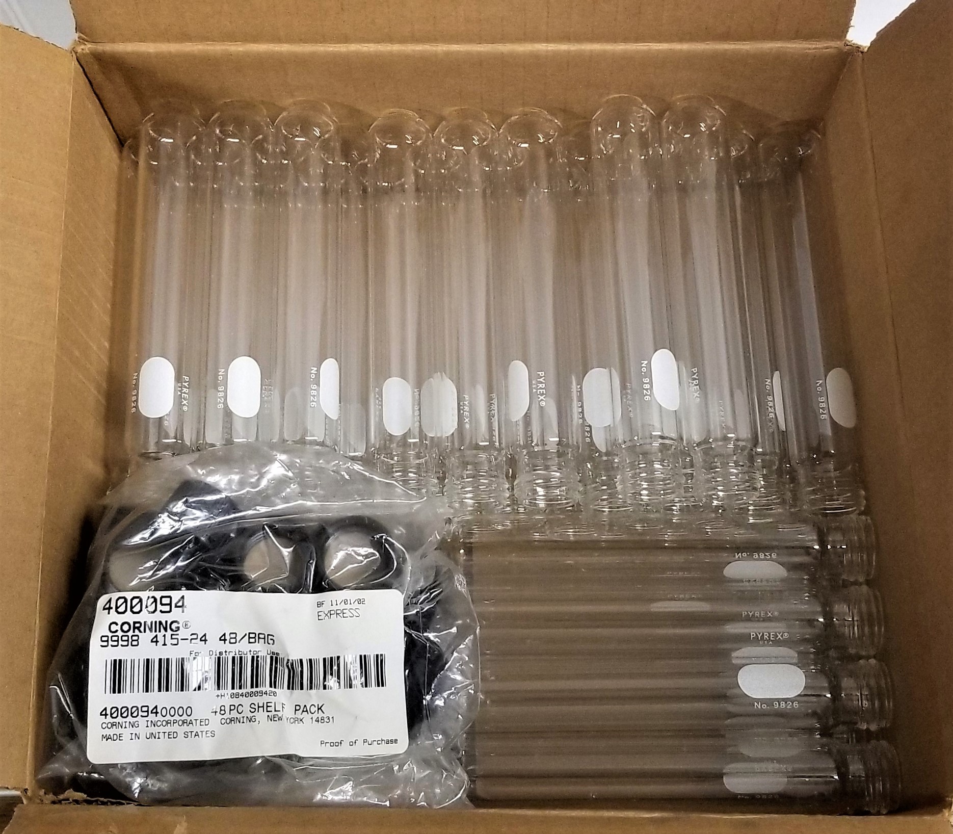 New Open Box Corning PYREX 9826-25 Tubes with Caps (Pack of 48) - 25mm x 150mm 