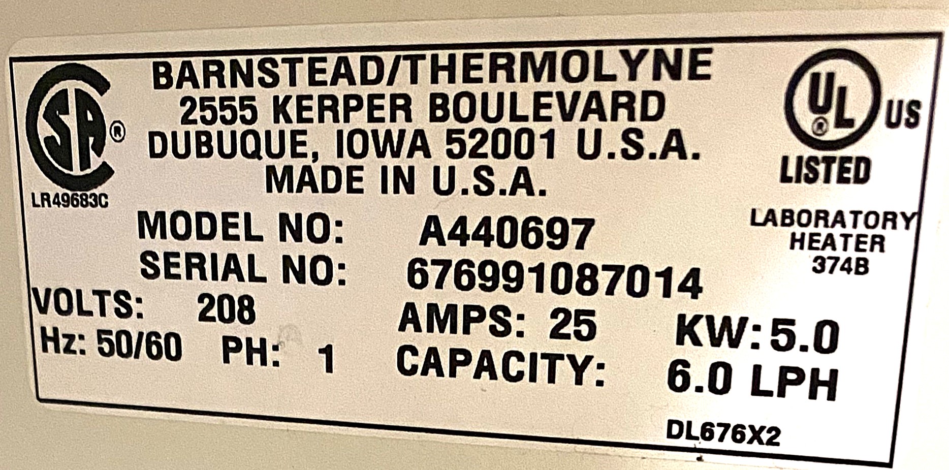 Used Barnstead/Thermolyne Mega-Pure MP-6A Water Still (6L/hr)