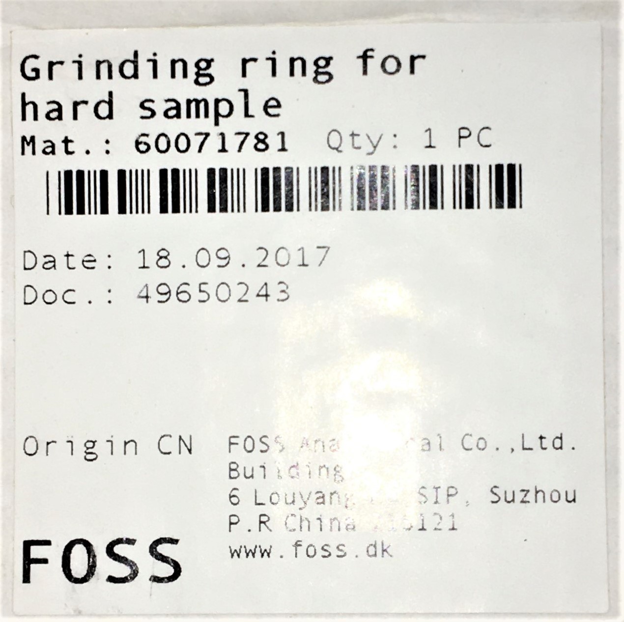 New Open Box Foss 10013810 Grinding Ring for Hard Sample for 1093 Cyclotec