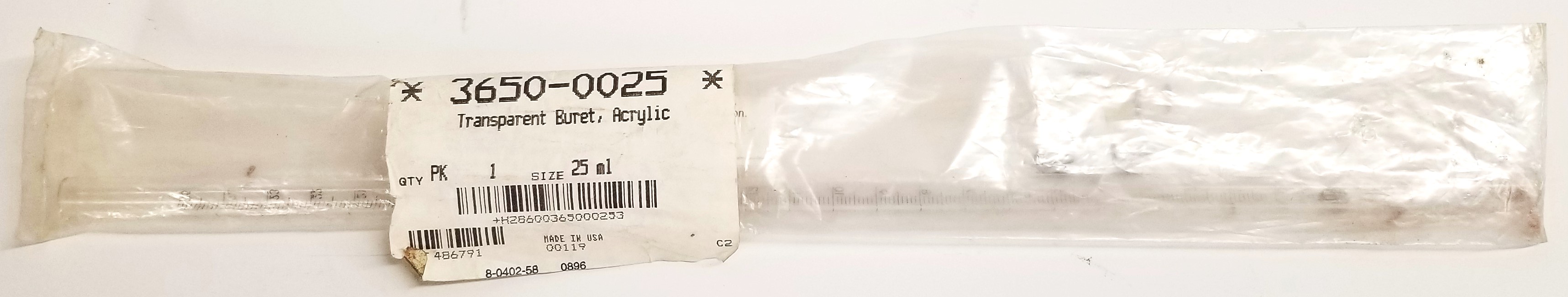 New Open Box Nalgene 3650-0025 Acrylic Buret (25mL)