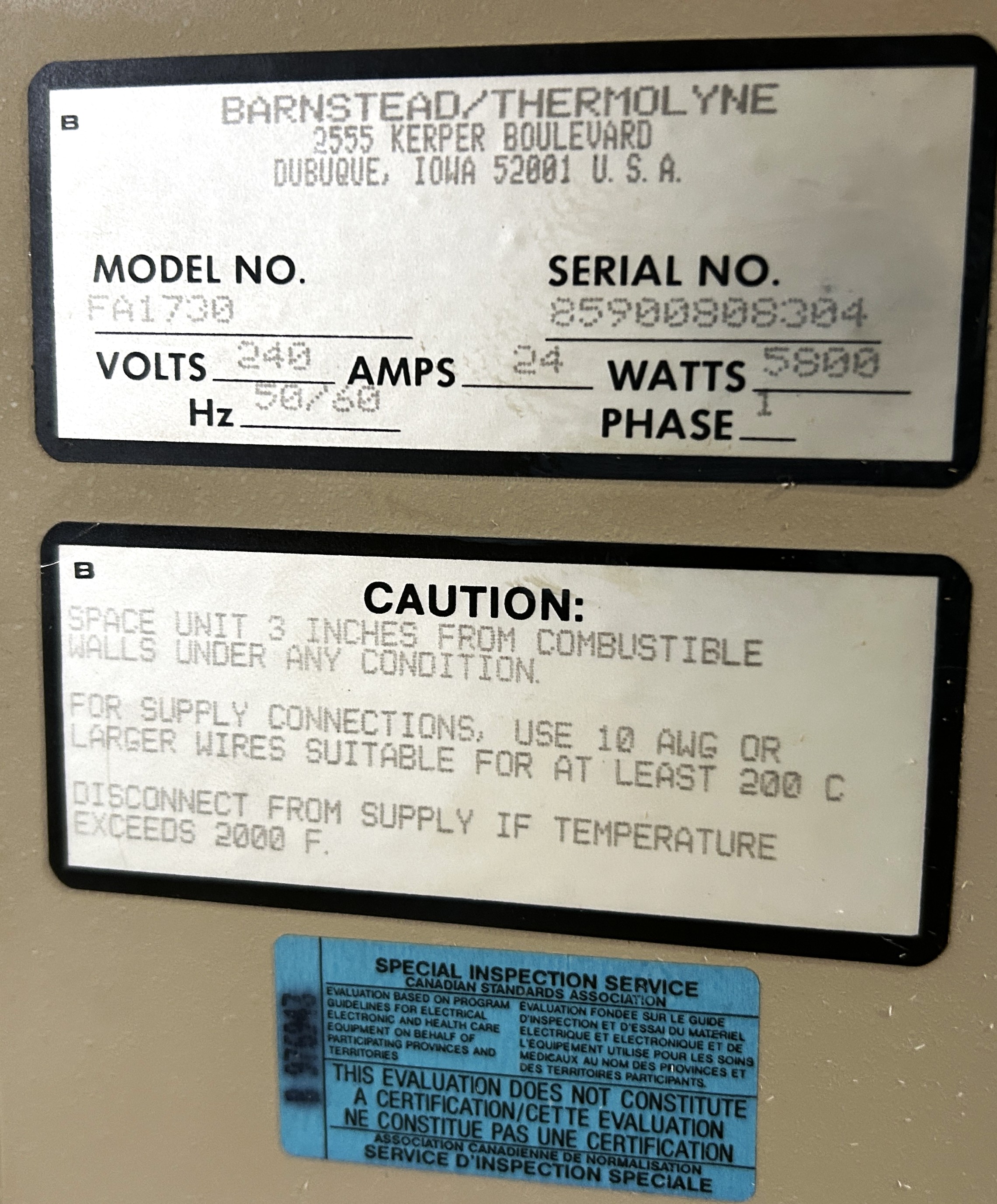 Used Barnstead Thermolyne FA1730 Muffle Furnace (0.7 Cu-Ft)