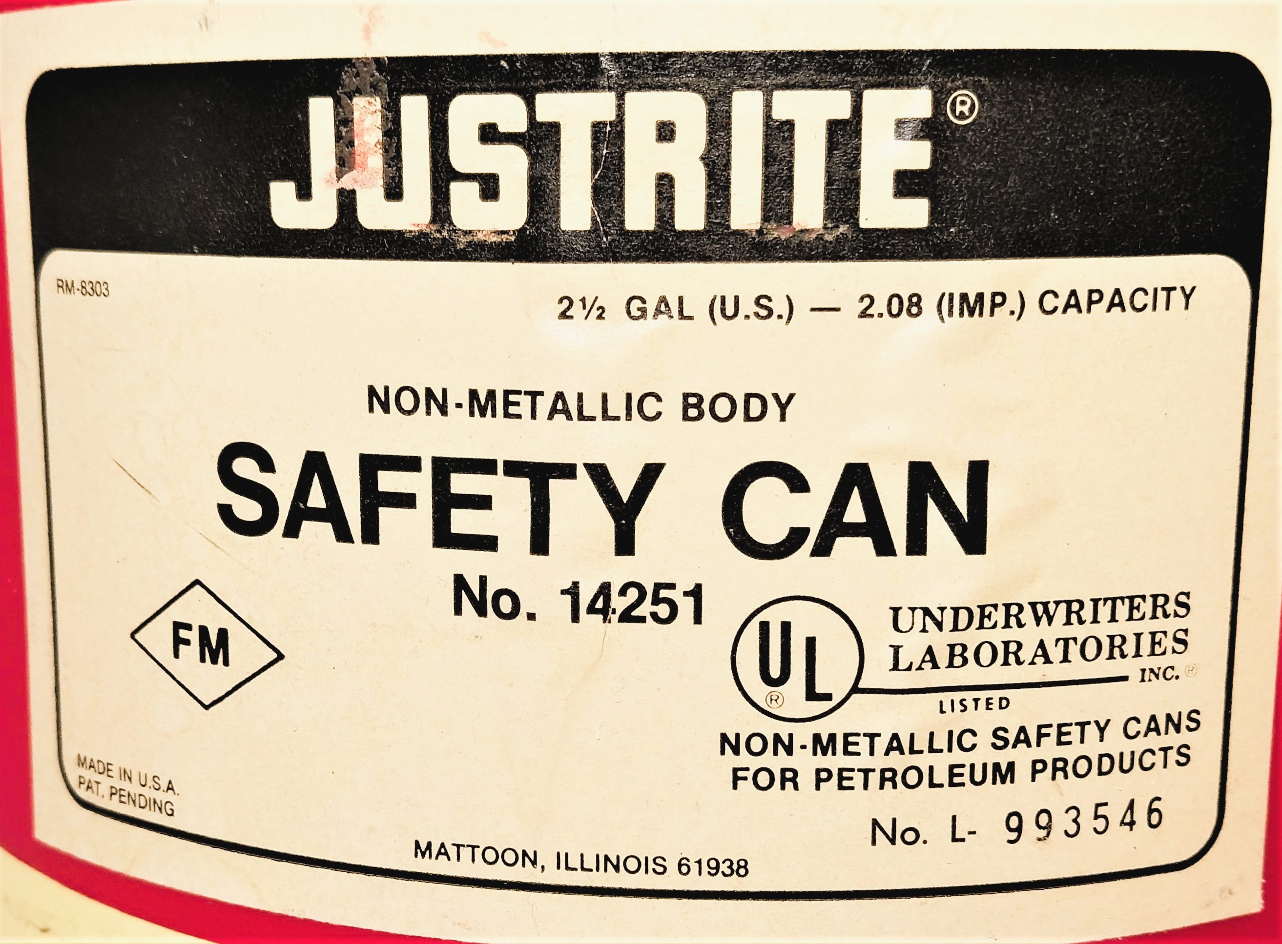 Used Justrite 14251 Non-Metallic Safety Can for Petroleum Products - 9.4 L (2.5 Gallon)