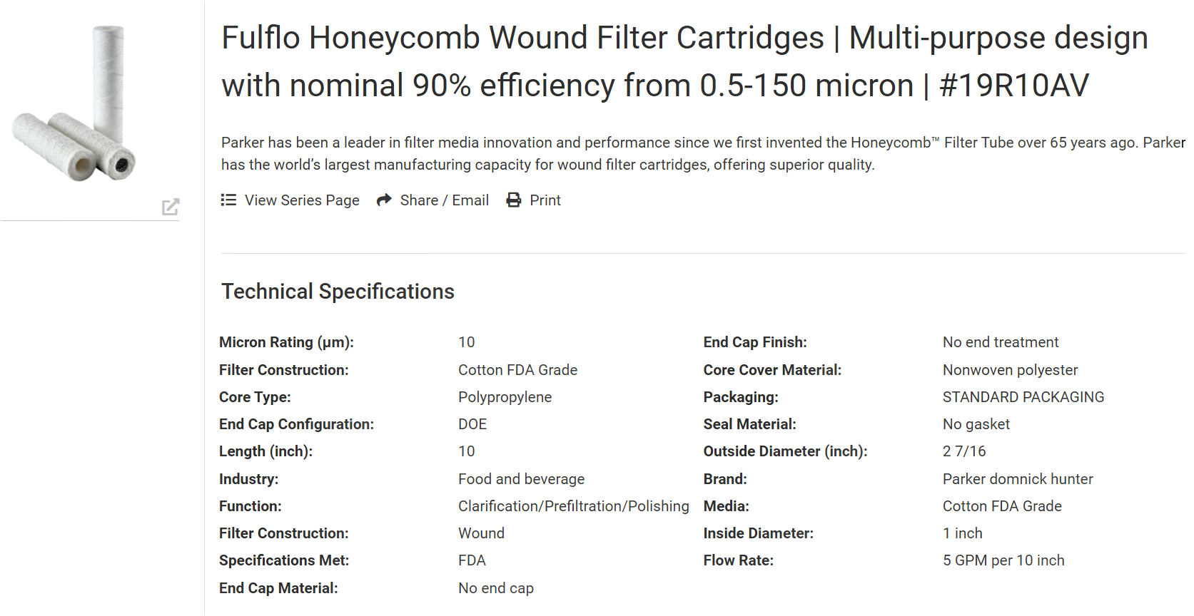 New Parker Fulflo Honeycomb 10μm Filter Cartridges - P/N T19R10AVZ (Pack of 3)