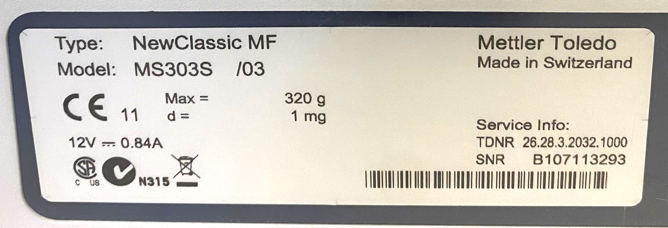 Used Mettler Toledo NewClassic MF MS303S Analytical Balance (320g x 1mg)