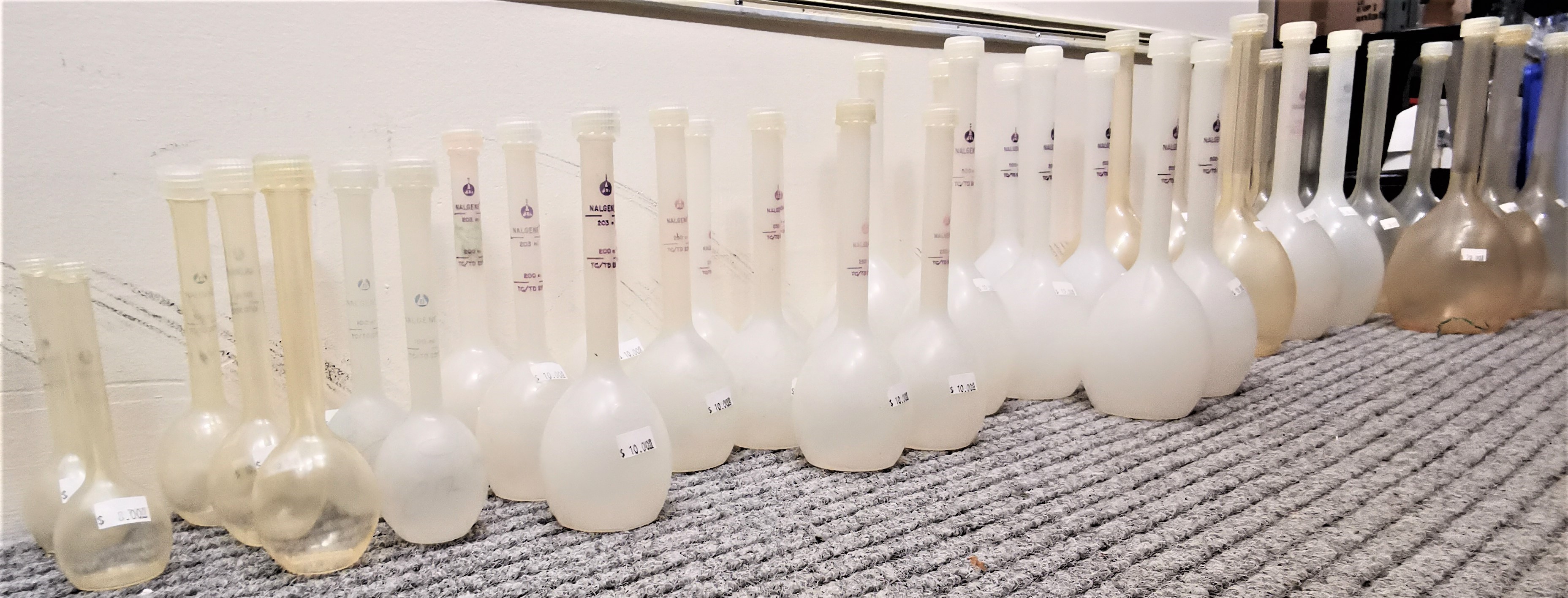 Used Lot of 40 Nalgene Polypropylene Volumetric Flasks Various