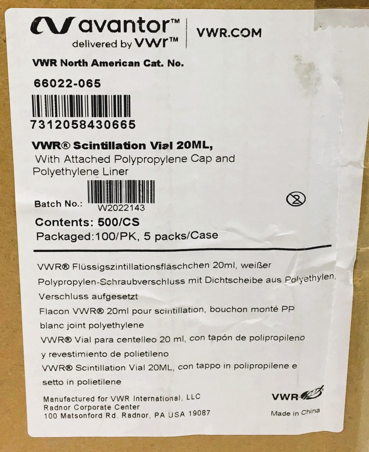 New VWR 66022-065 Scintillation Vial with Cap - 20mL (Box of 500)