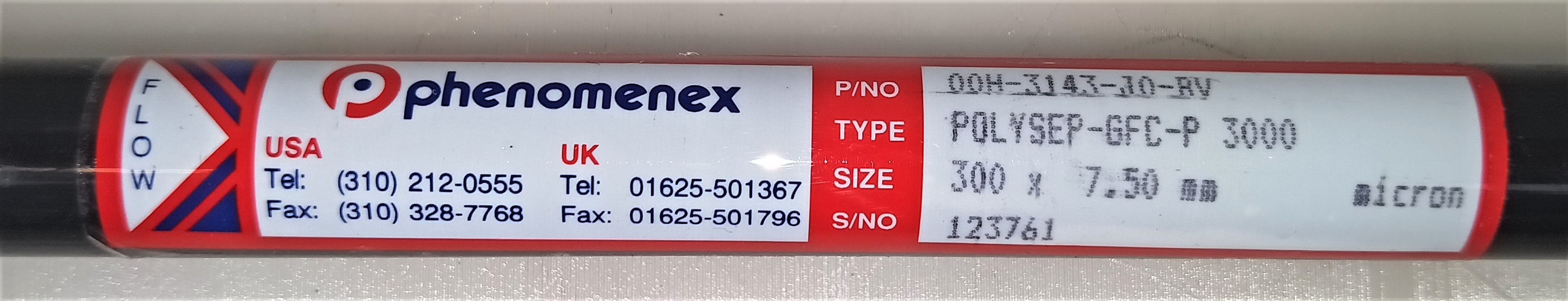 New Open Box Phenomenex Polysep-GFC-P 3000 HPLC Column with 50mm PEEK Guard (300mm x 7.5mm)
