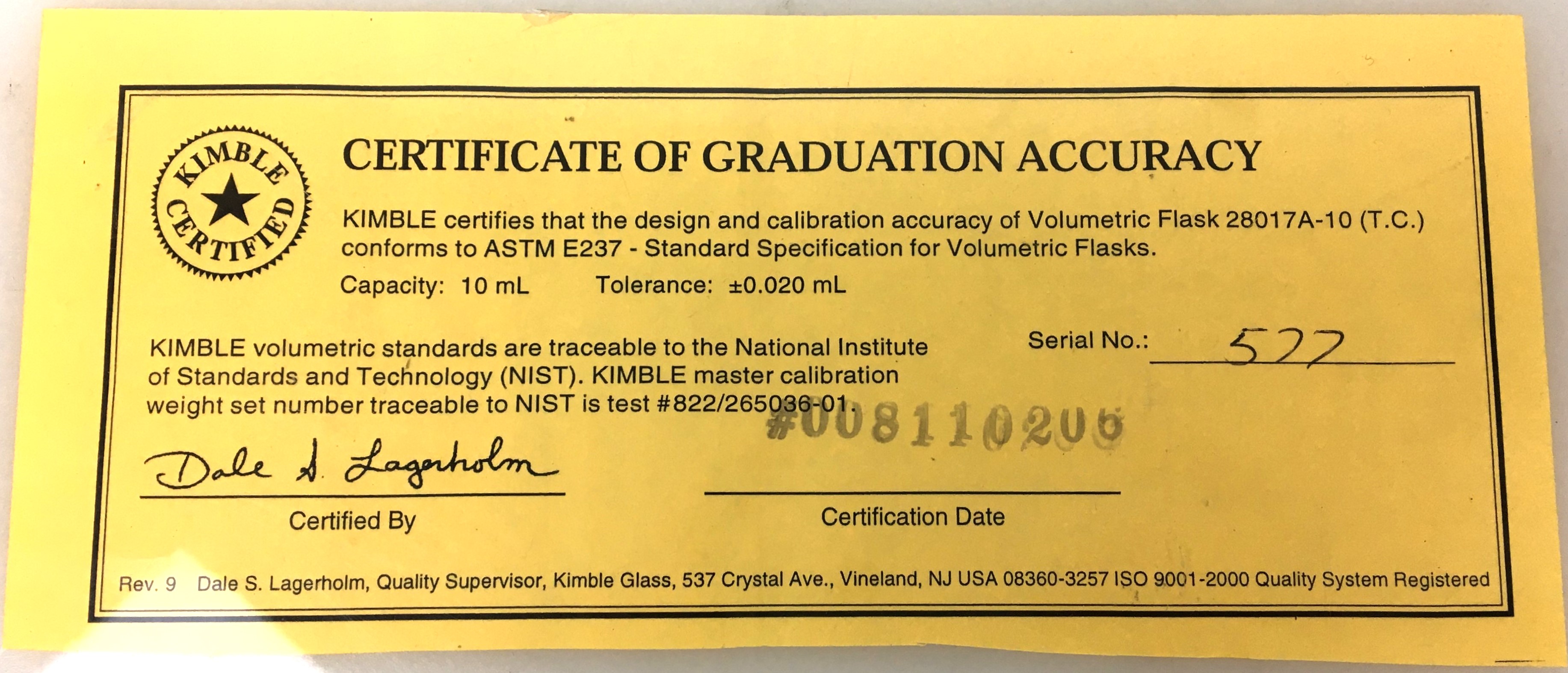 Used Kimble 28017A-10 KIMAX Micro Volumetric Flask with Stopper, Class A - 10mL