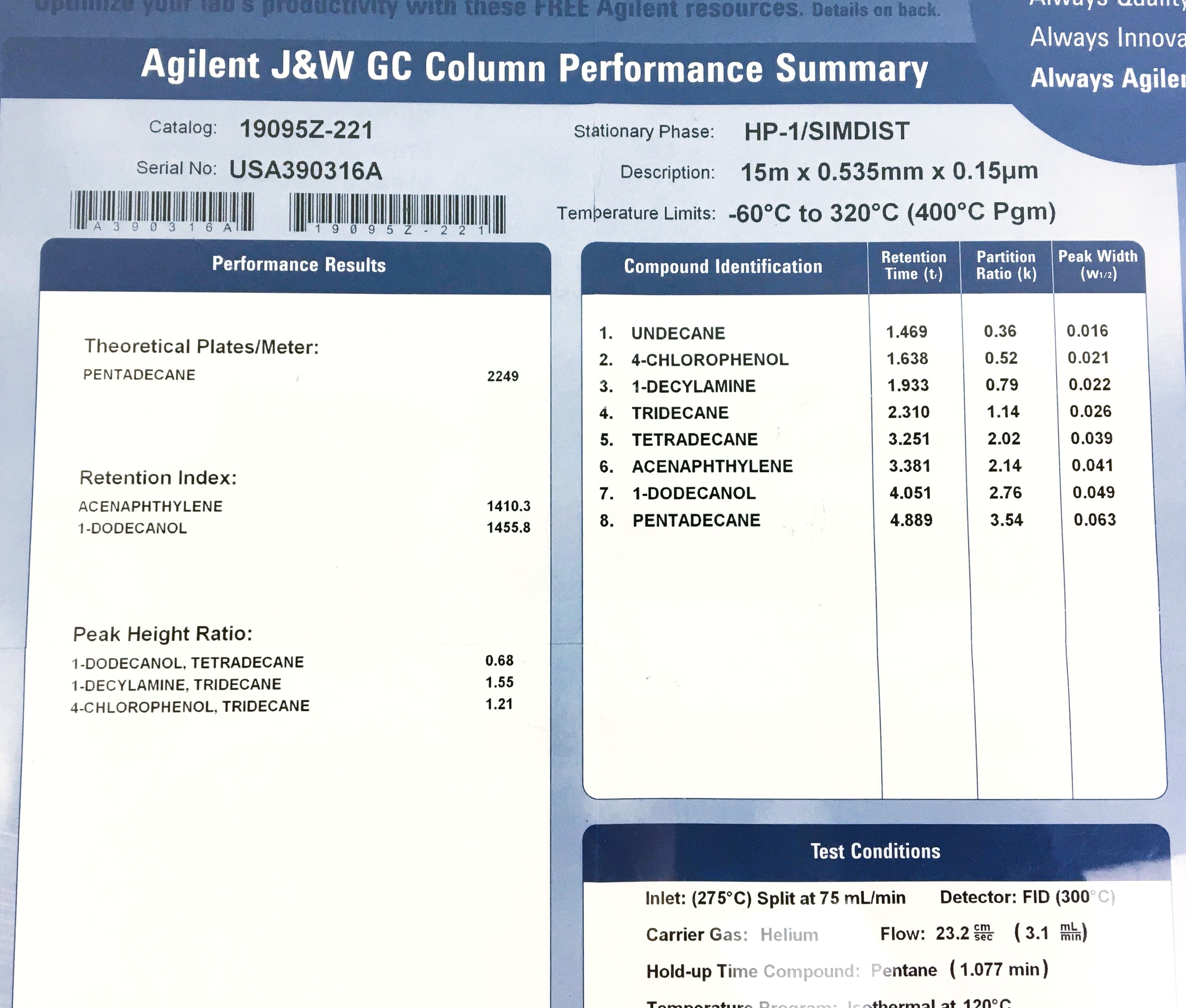 New Open Box Agilent HP-1/SIMDIST (19015Z-221) Capillary Column (15M x 0.53mm x 0.15µm)