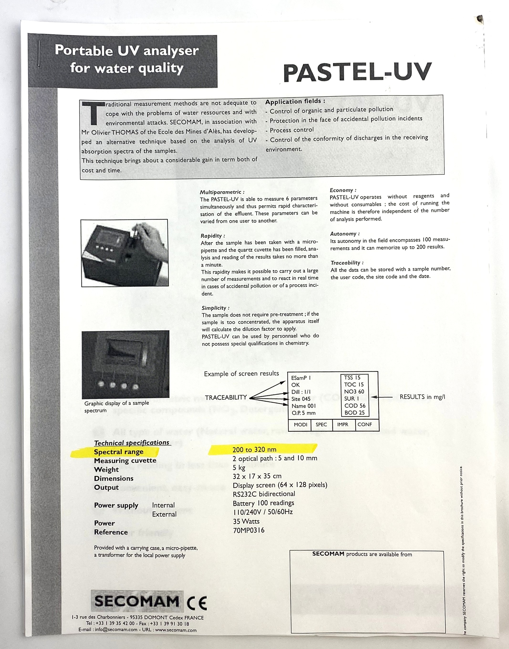 Used Secomam Pastel-UV Portable Spectrophotometer (200-350nm)