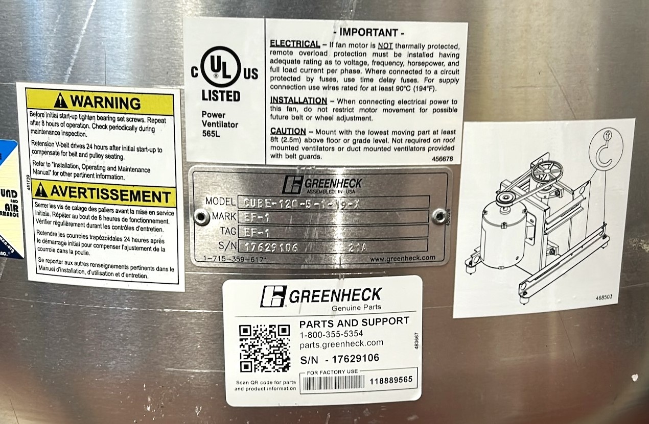 Used Greenheck CUBE-120 Rooftop Exhaust Fan-Blower for Fume Hood (1000 CFM)