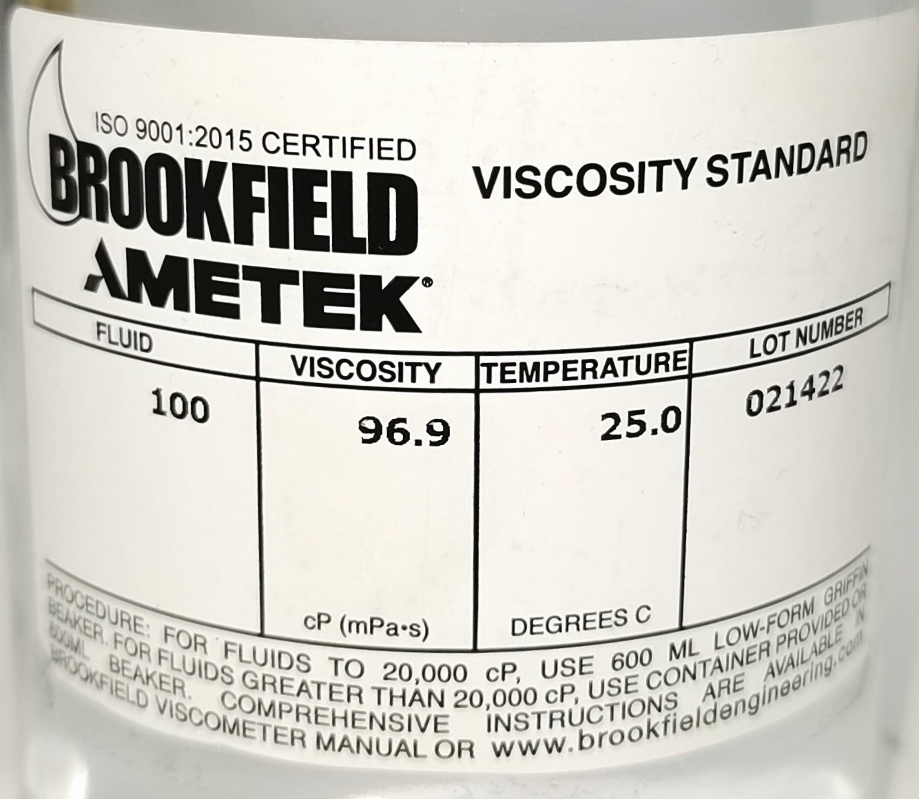 New Brookfield 100 Viscosity Standard (100cp)