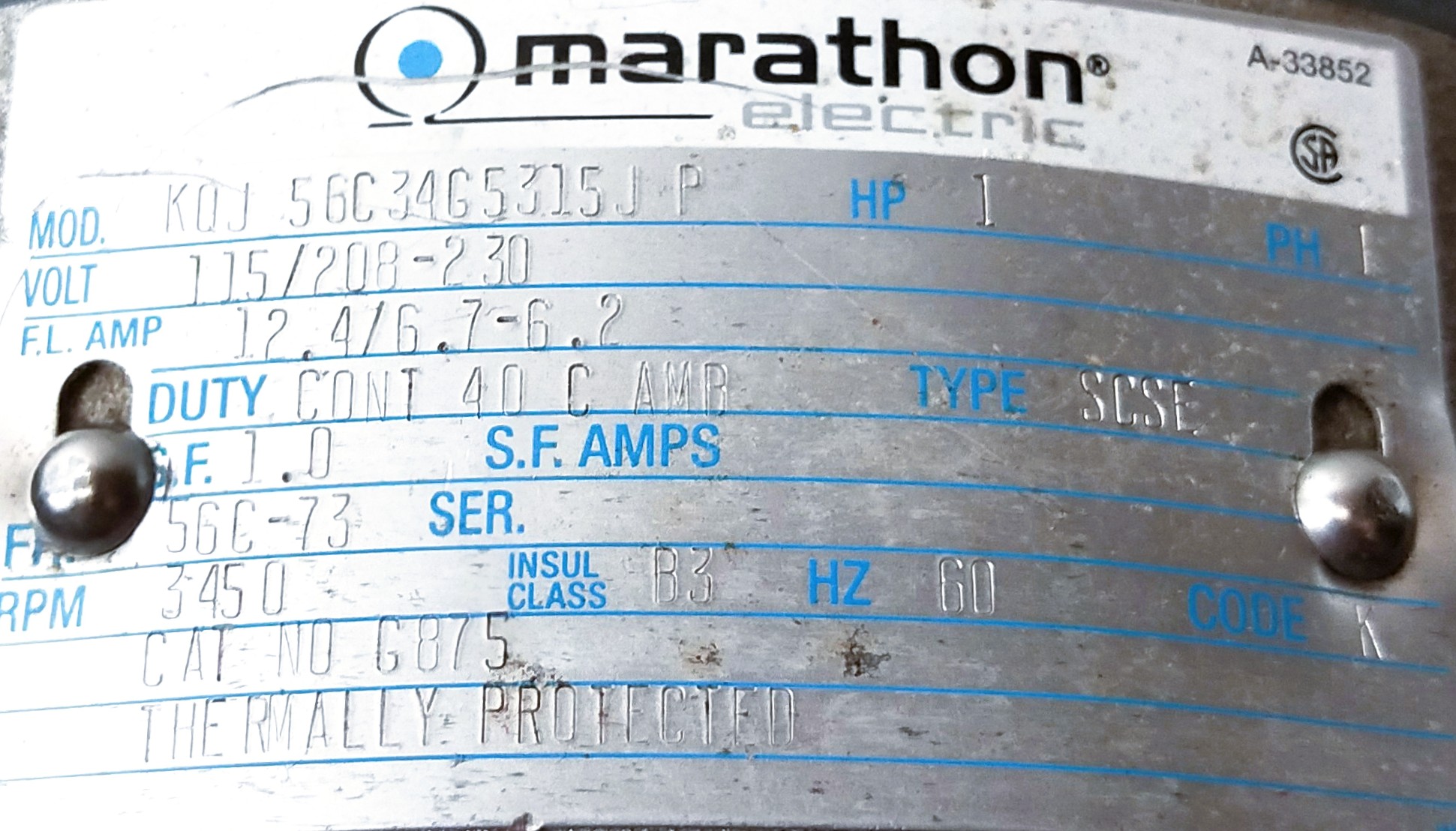 Used Marathon KQJ 56C34G5315J Hazardous Location Motor (1HP)
