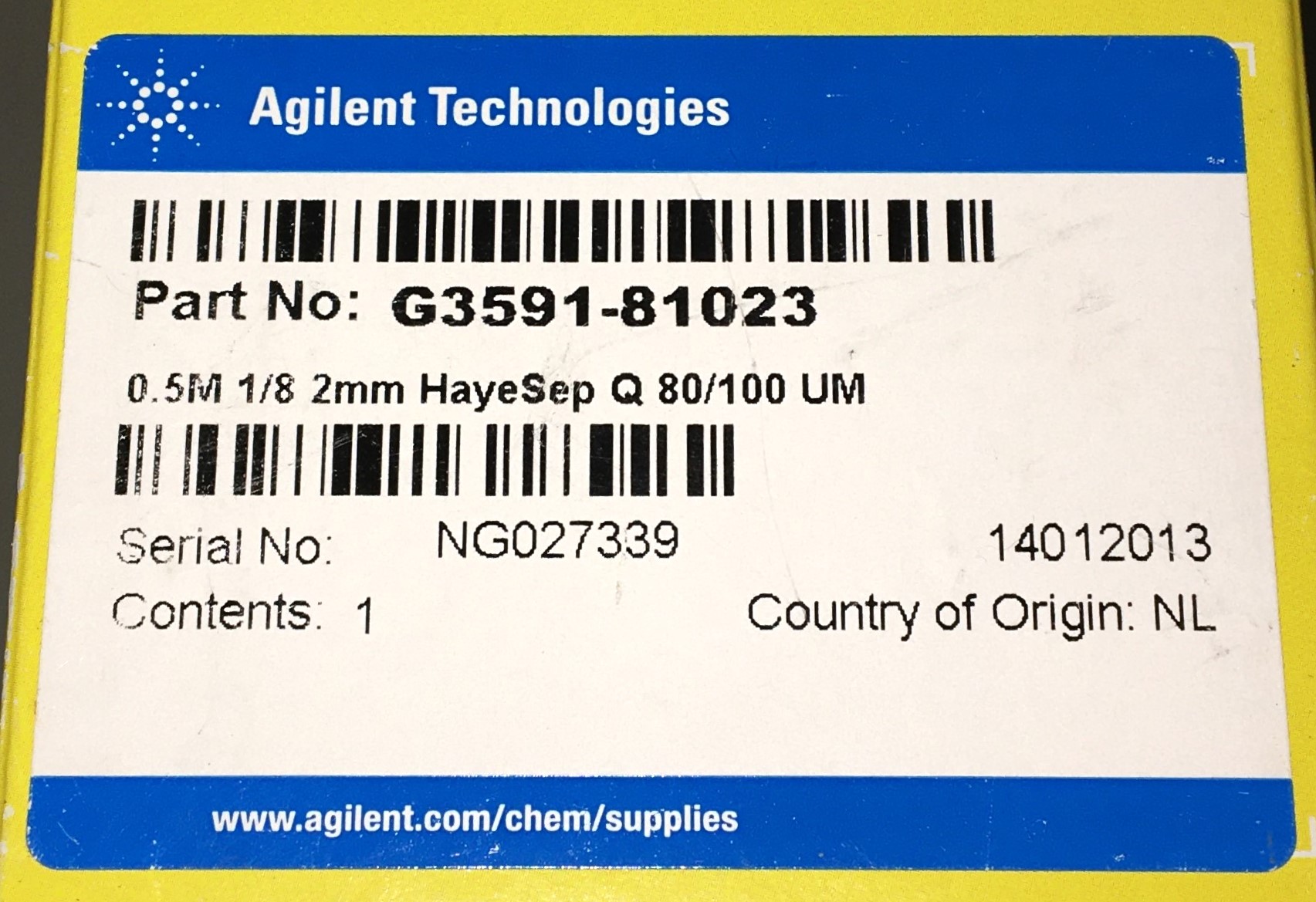 New Open Box Agilent HayeSep Q (G3591-81023) Packed GC Column (0.5M × 1.8"OD x 2mm ID)