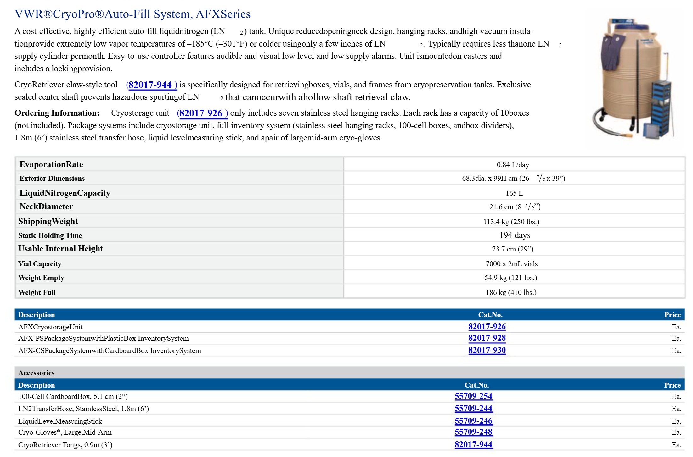Used VWR CryoPro AFX-PS Autofill Liquid Nitrogen Tank (35L)