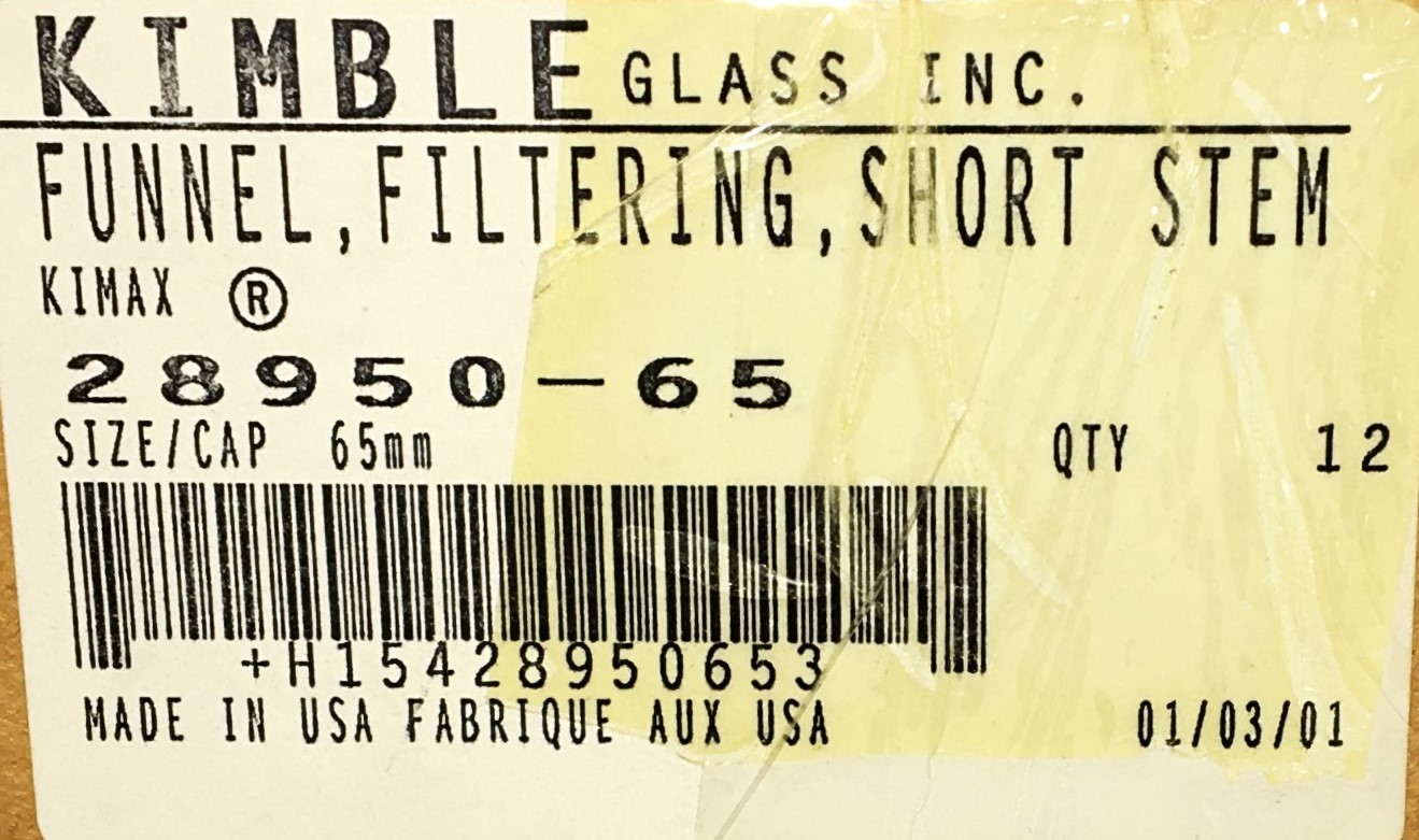 New Open Box Kimble 28950-65 KIMAX Short Stem Analytical Funnel (Pack of 12)