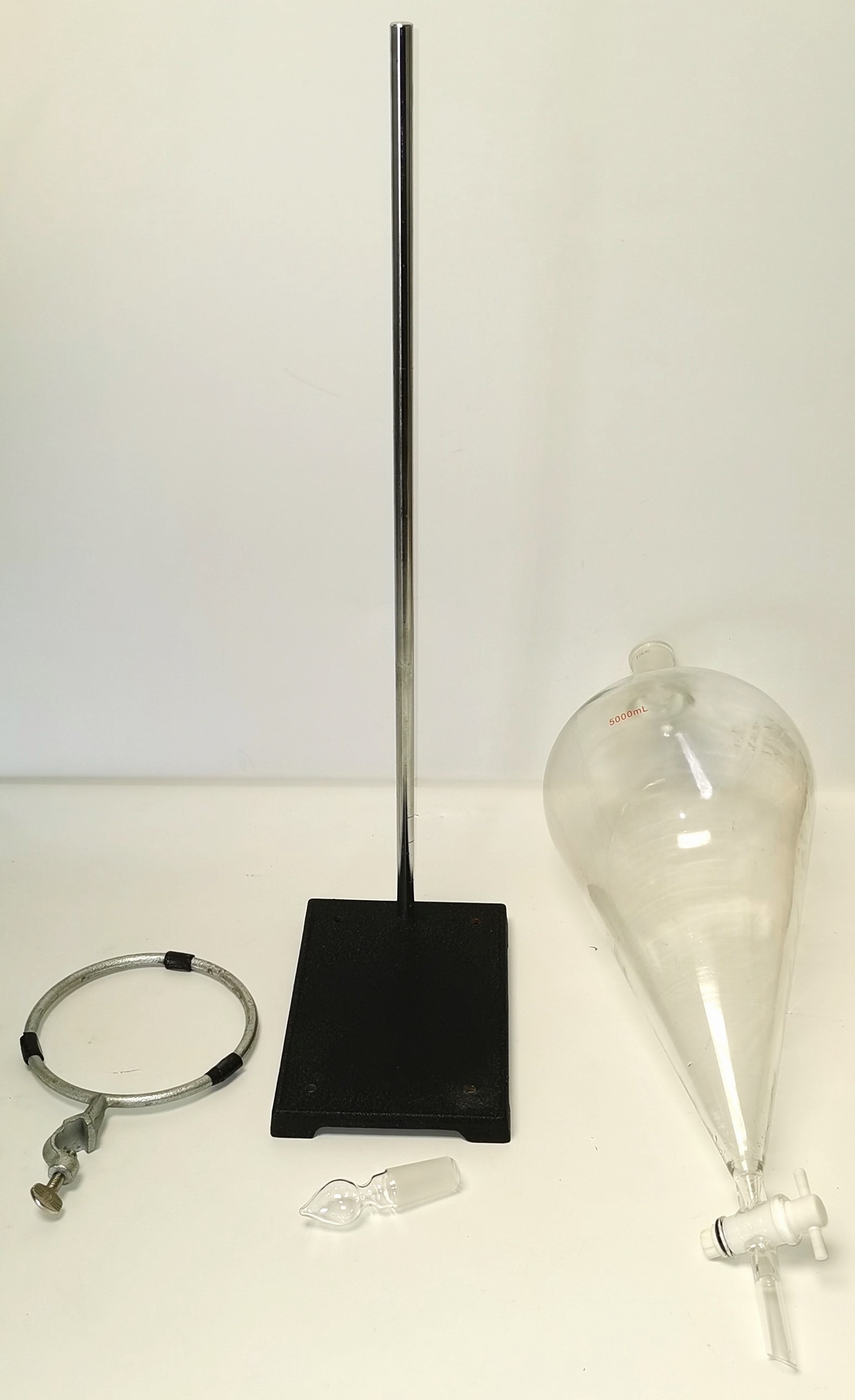 Used 5000 mL Pear-Shaped Separatory Funnel with Ring Support Stand