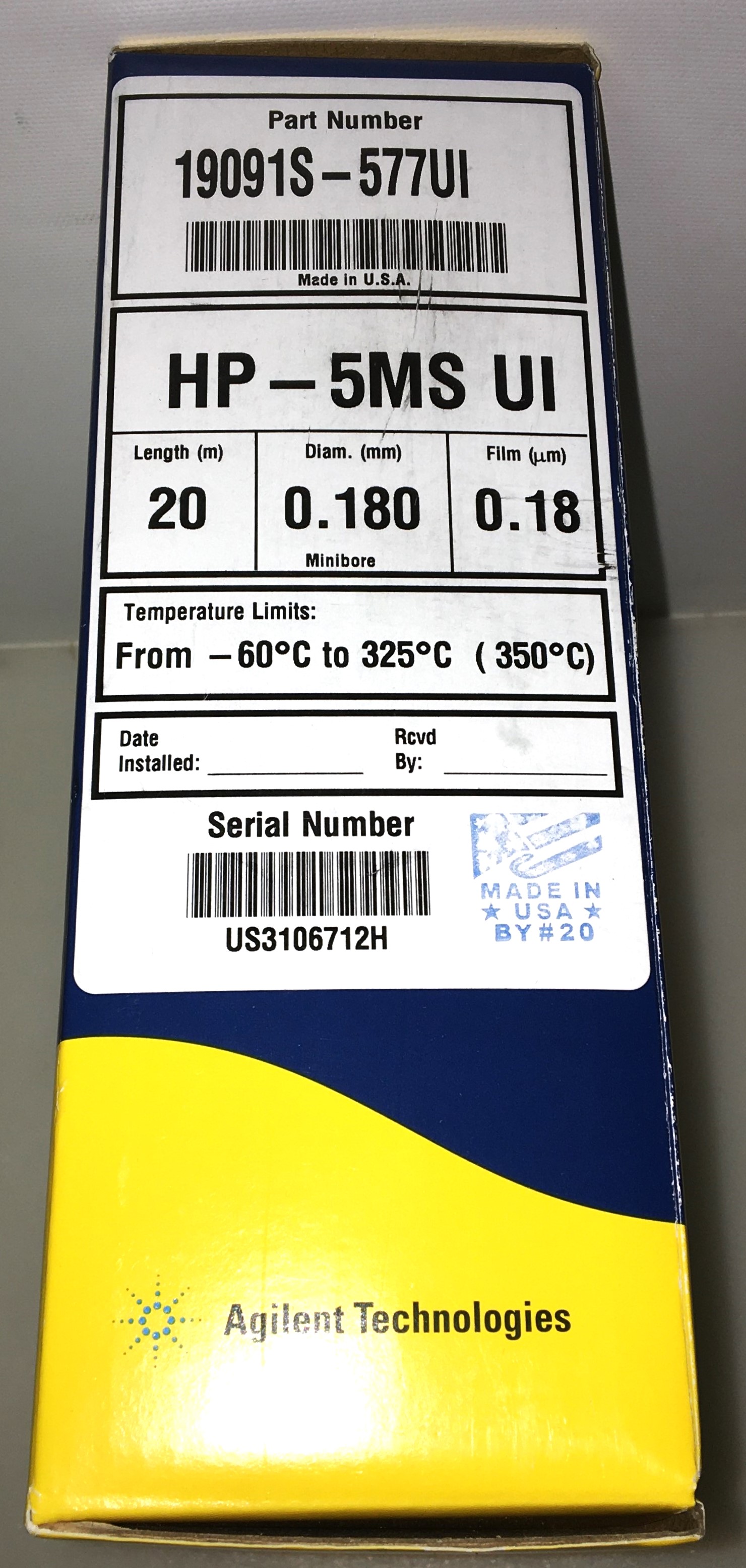 Used Agilent HP-5MS UI (19091S-577UI) Capillary Column (20M x 0.18mm x 0.18µm)