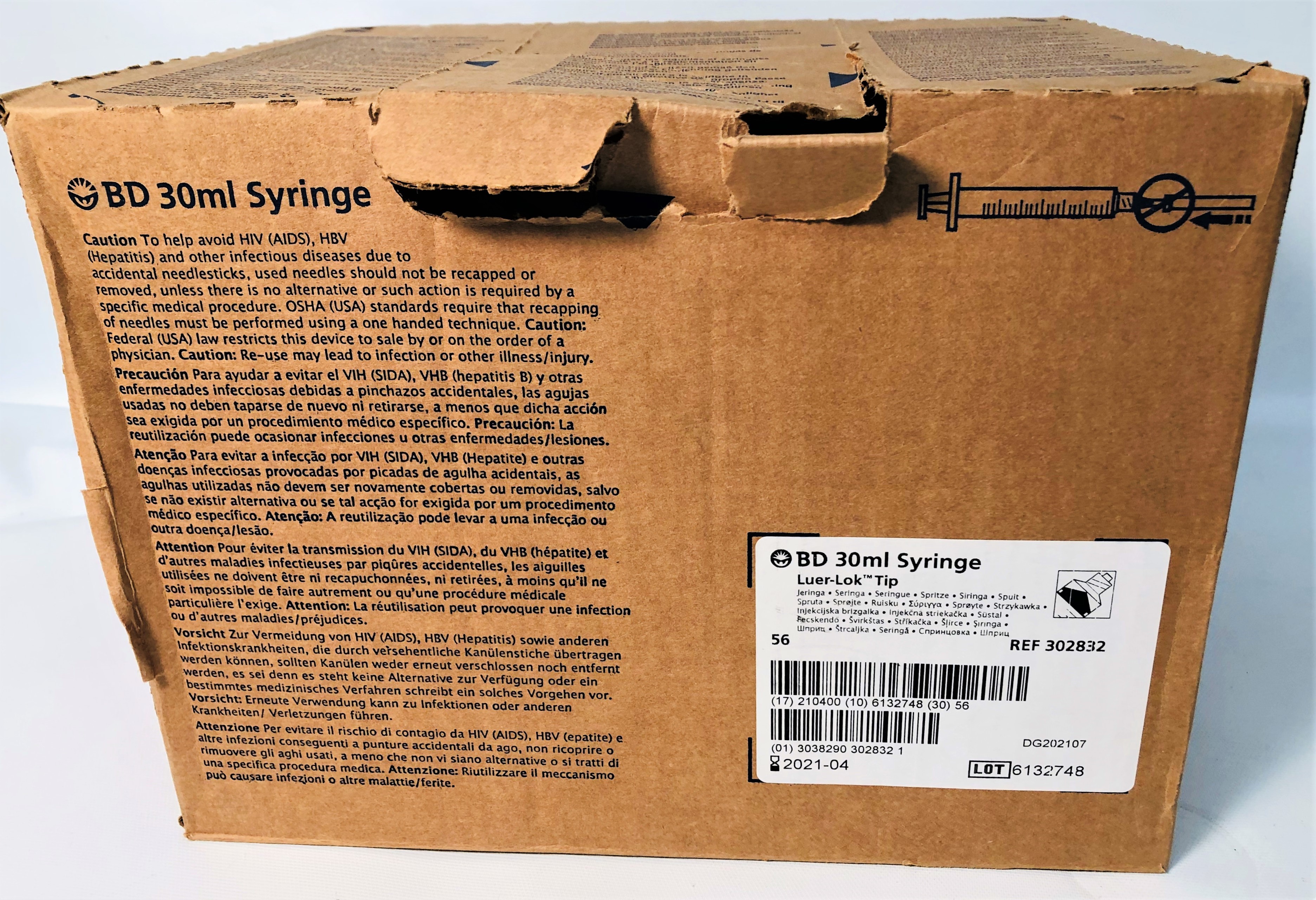 New Open Box B-D 302832 Luer-Lok Syringes without Needles - 30mL (Box of 56)