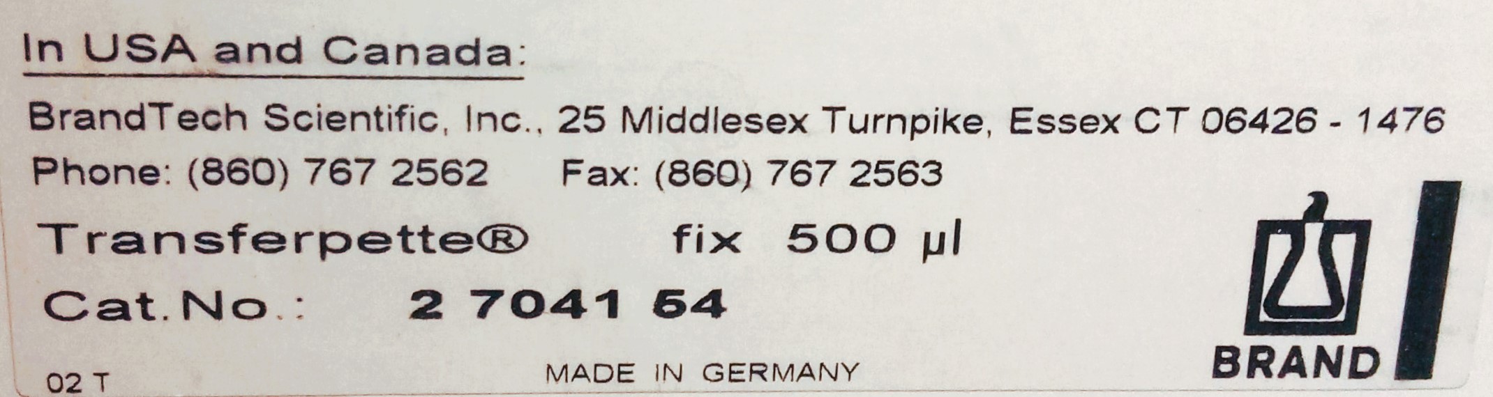 New Open Box BrandTech Transferpette 2704154 Fixed Volume 0.5mL Pipettor