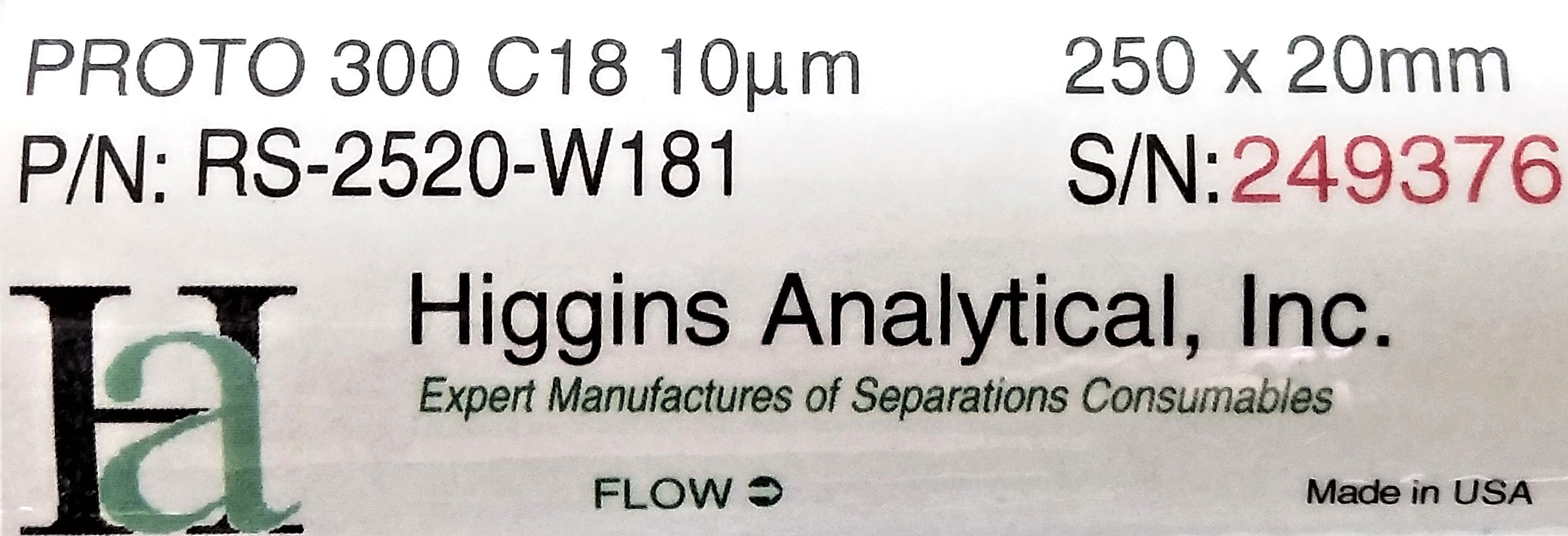 Used Higgins PROTO300 C18 Semi-Prep LC Column (25 cm × 20 mm x 10µm)