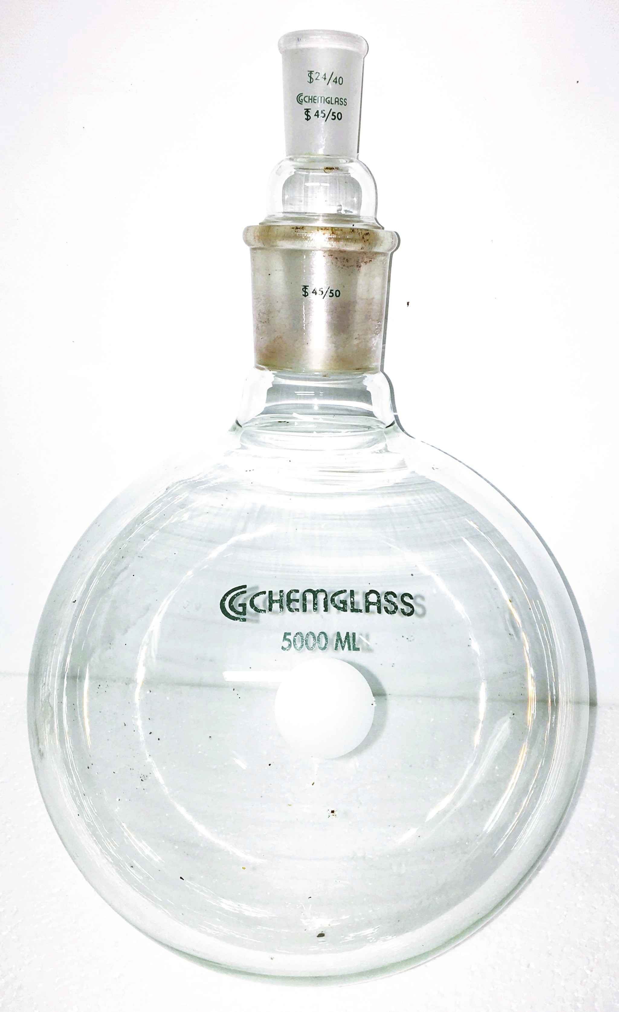 Used ChemGlass CG-1506-39 Receiving Flask with 45/50 Joint and 24/40 Reducing Adapter - 5000mL