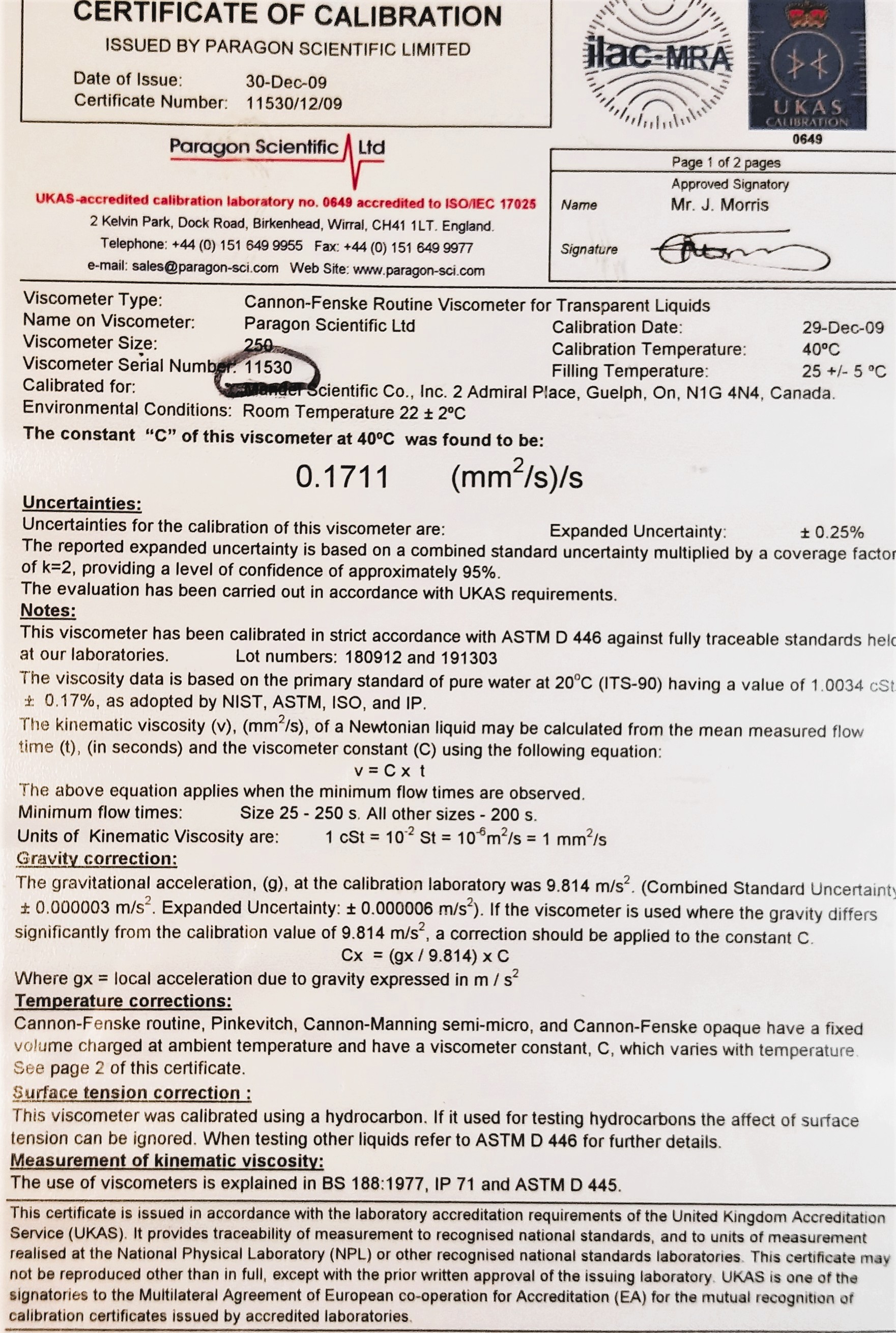New Open Box Cannon-Fenske CFRC-250 Certified Routine Viscometer Tube (Size 250)